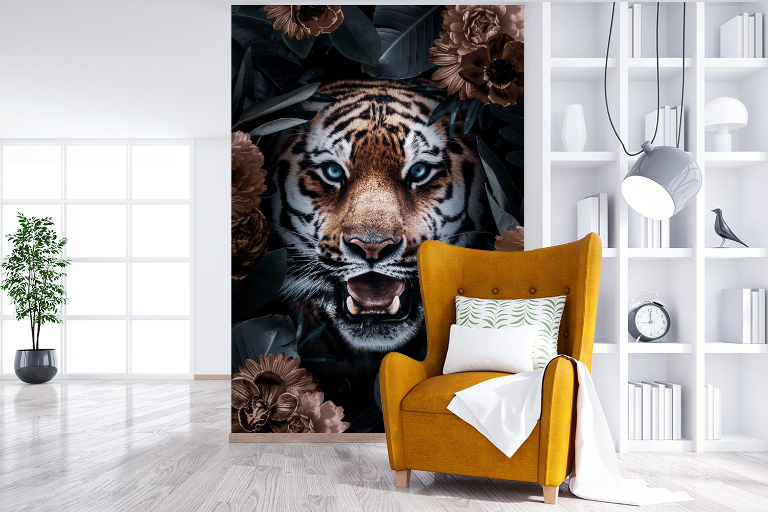 MuchoWow Fototapete Porträt - Tiger - Wohnzimmer, (3 St), Wandtapete Tapete für Montagefertig Matt, Vinyl Blumen, bedruckt