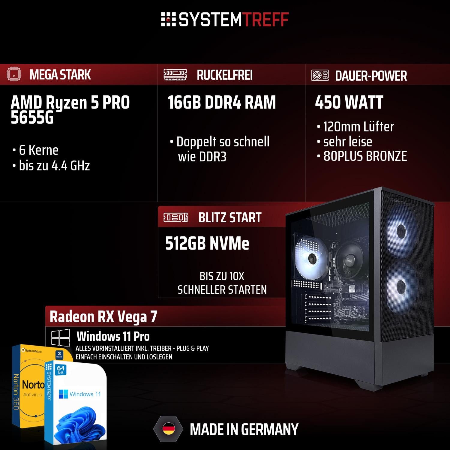 SYSTEMTREFF AMD Ryzen 5 PRO 5655G mit Radeon RX Vega 7 PC (AMD 5655G 5655G, RX Vega 7, 16 GB RAM, 512 GB SSD, Luftkühlung)