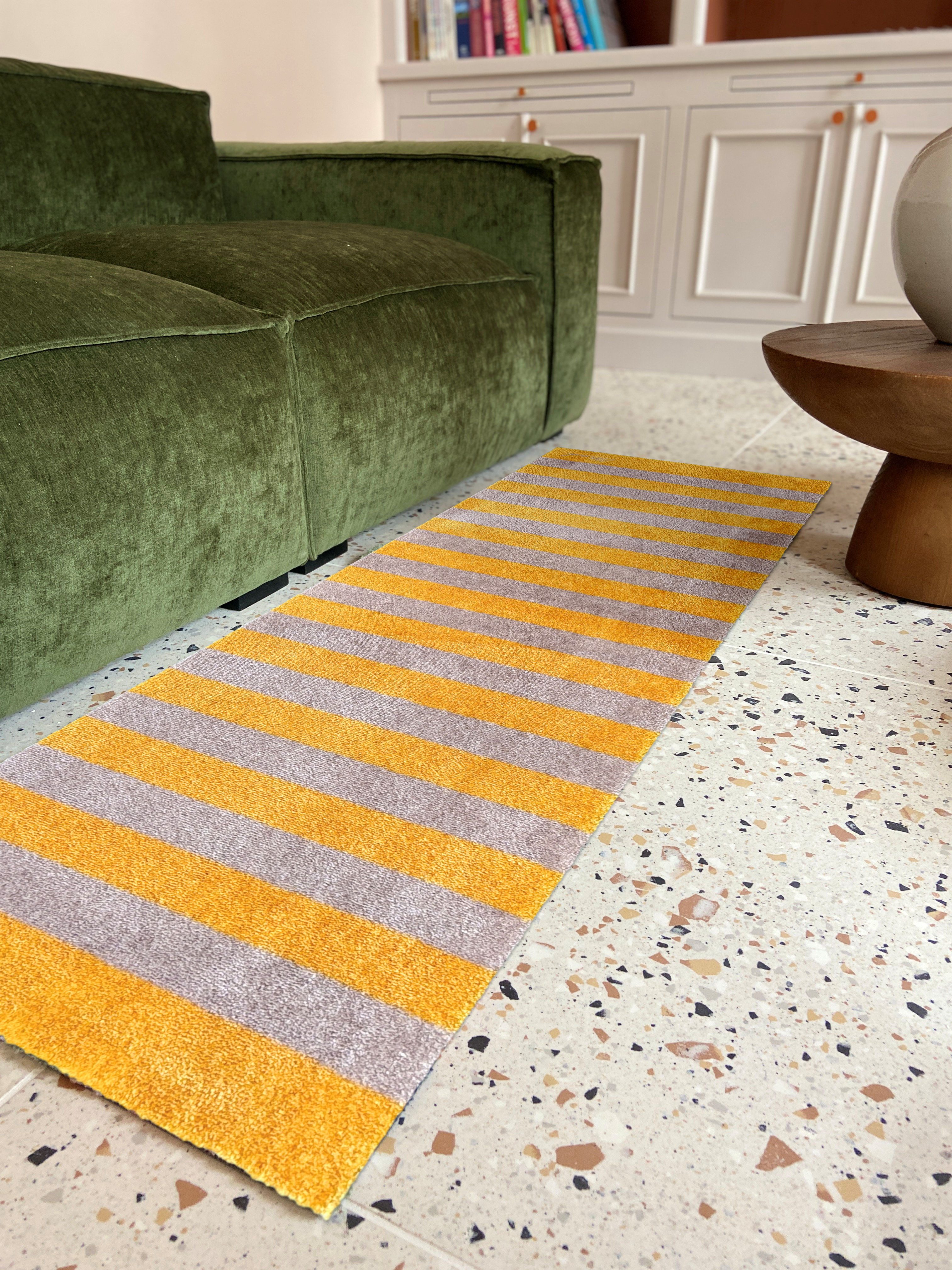 Mad about Mats Fußmatte Indoor Hello gestreift Print rutschfest, gelb grün beige, Höhe: 9 mm, bedruckter Türvorleger mit breiten Streifen und bunten Farben 50/75 cm