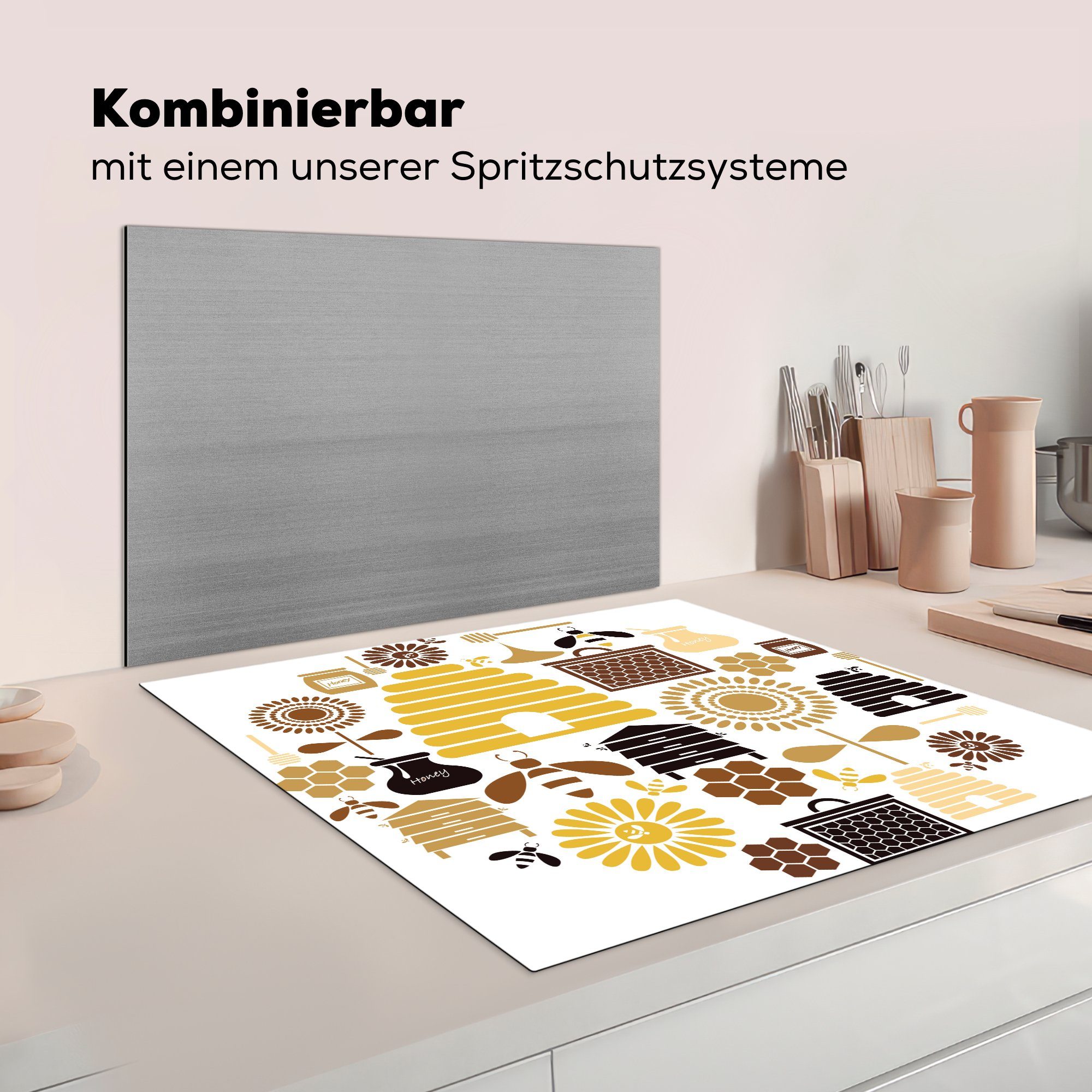 cm, Bienen, Herdblende-/Abdeckplatte (1 der Ceranfeldabdeckung, Illustration Eine Arbeitsplatte von Piktogramme küche für 78x78 Vinyl, tlg), MuchoWow