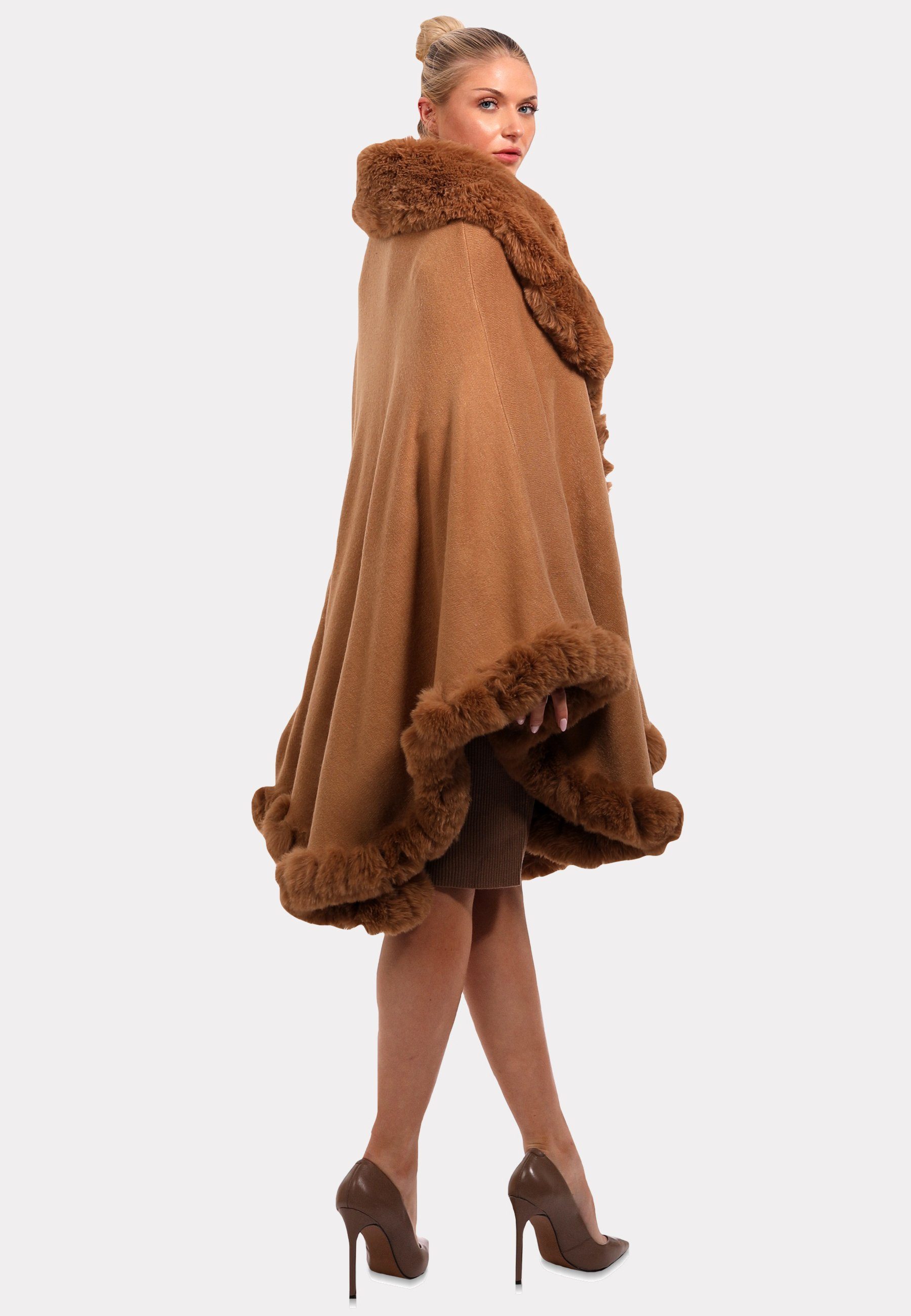 & Poncho (1-St) camel Luxuriösem YC mit in Style Fließender Poncho Fashion Kunstpelz-Besatz" Unifarbe "Edler