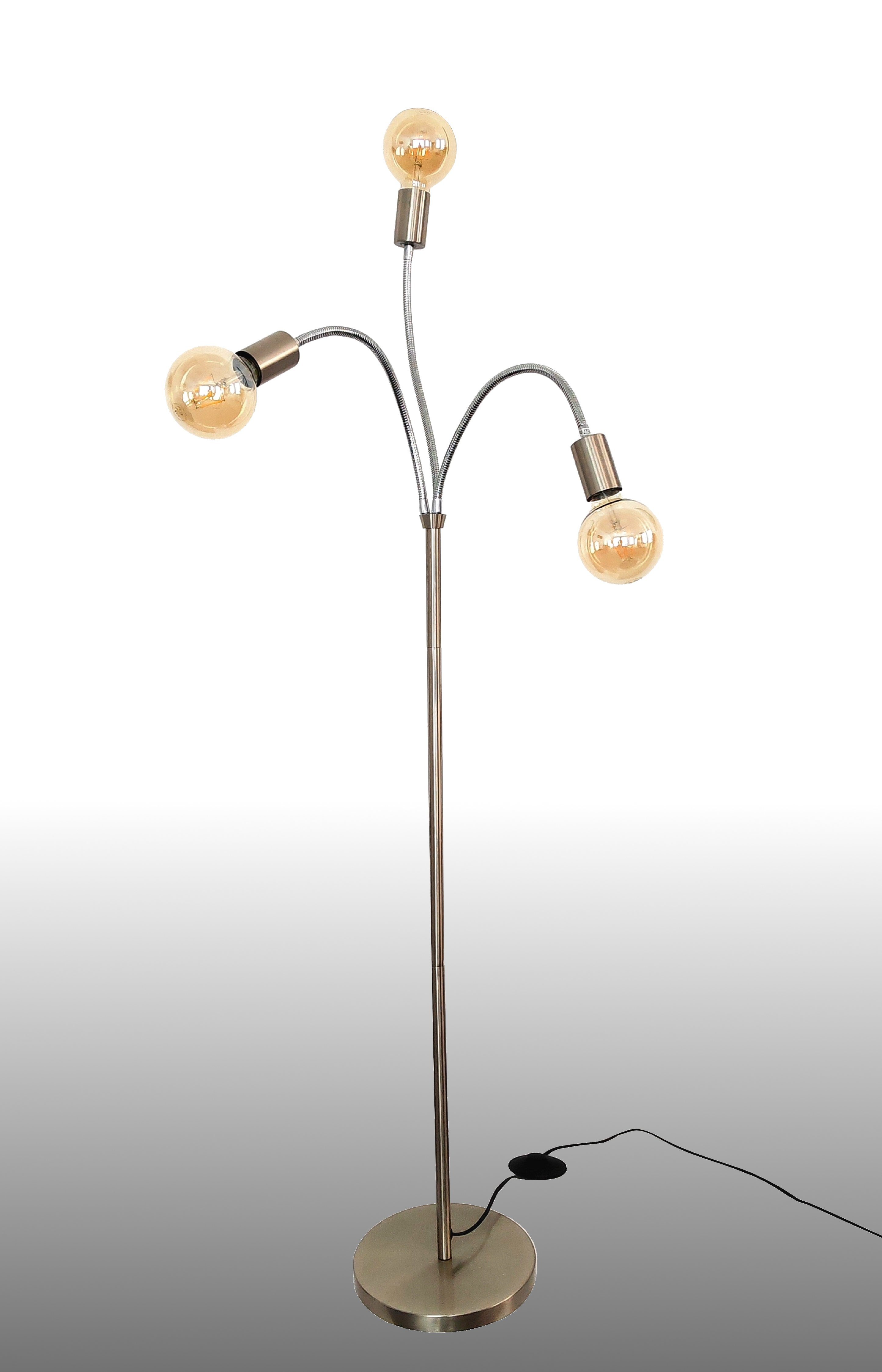 3-Stufen Stehleuchte, 3x TRANGO Gold-warmweiß Leuchtmittel inkl. Nickel 1531SD dimmbar E27 3-flg Edelstahl-Optikt LED schwenkbar, 3 ca. matt LED Standlampe in H1550mm *EARTH* 2500K Bürolampe, Lampenarmen Stehlampe Stehlampe, 4W