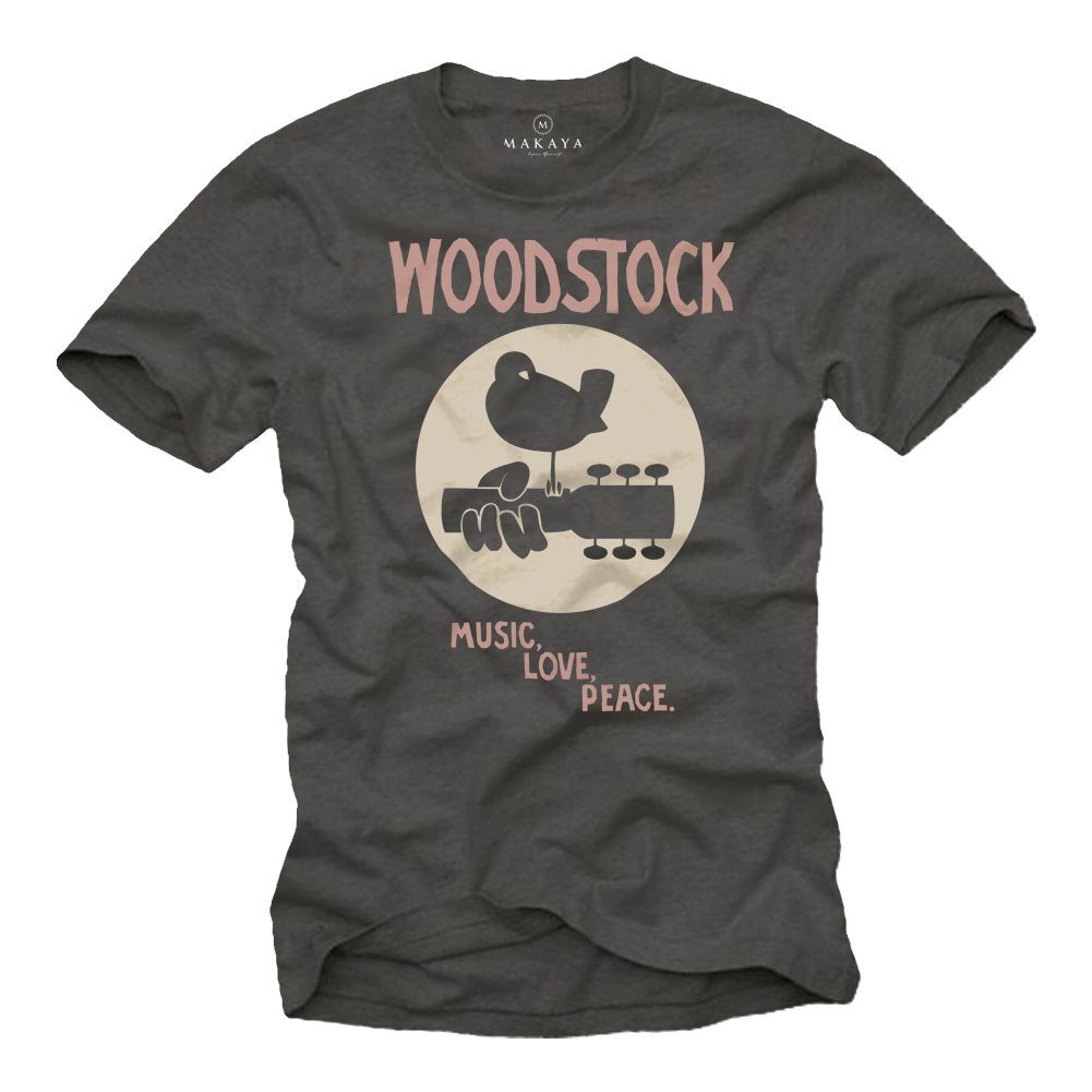 Grau T-Shirt Woodstock Musiker 60er Geschenke 80er Musik Druck, aus mit Jahre Motiv 70er Baumwolle MAKAYA Herren