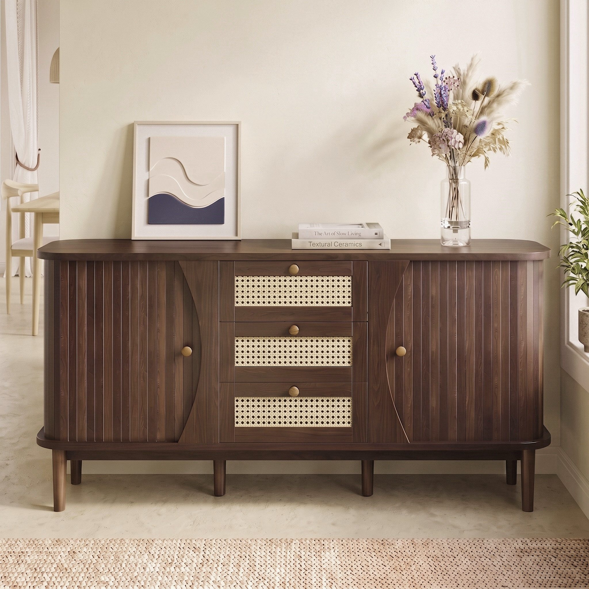 Totnz Sideboard mit 3 Rattanschubladen, Kommode mit Stauraum und zusätzlichen Fächern (Massivholzbeine, modernes Aufbewahrungsmöbel), für Wohnzimmer, Esszimmer und Flur