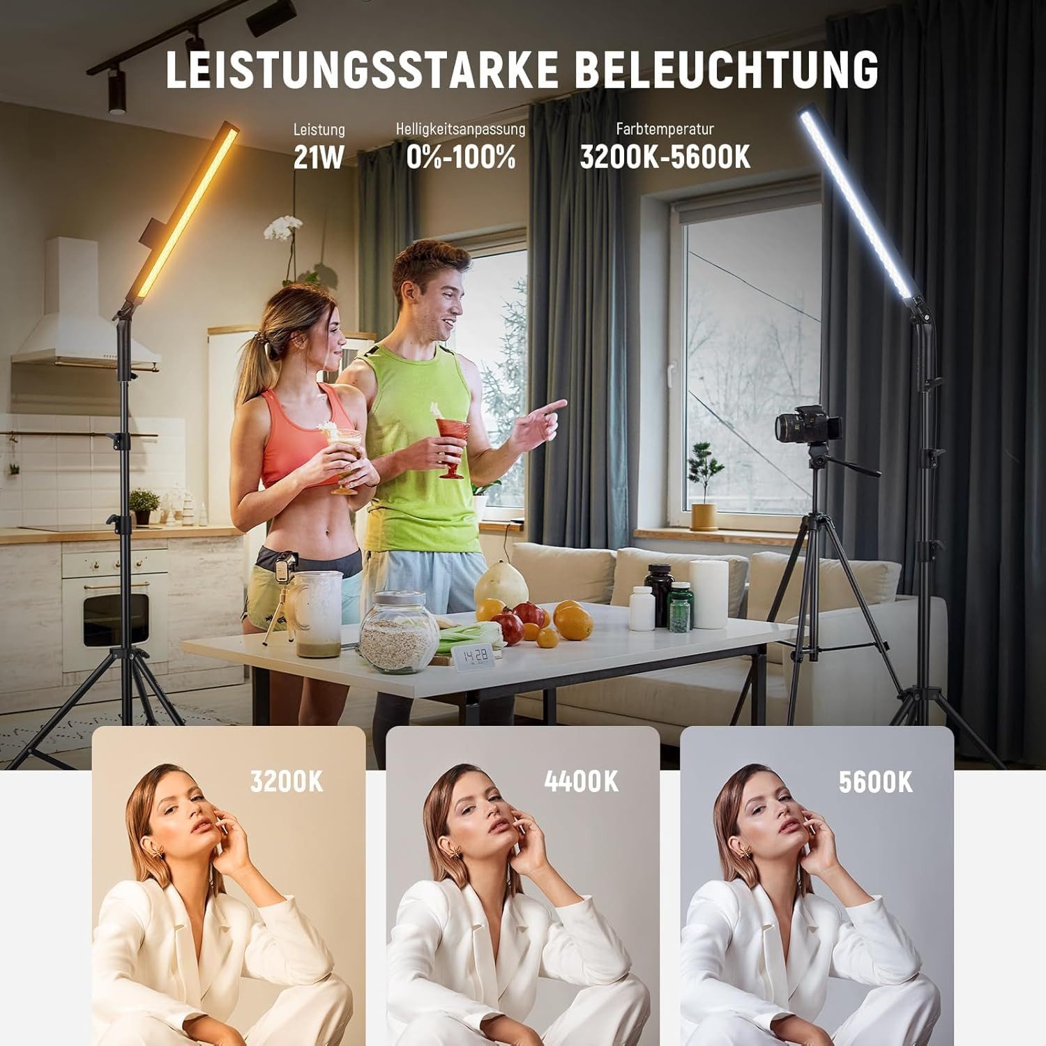 Neewer Videoleuchte BH20B 2er Pack LED Video Lichtstab, dimmbare 3200K~5600K, CRI97+, 2,4G Fernbedienungsset, mit Ständern/Filtern/Tasche, für Video Foto