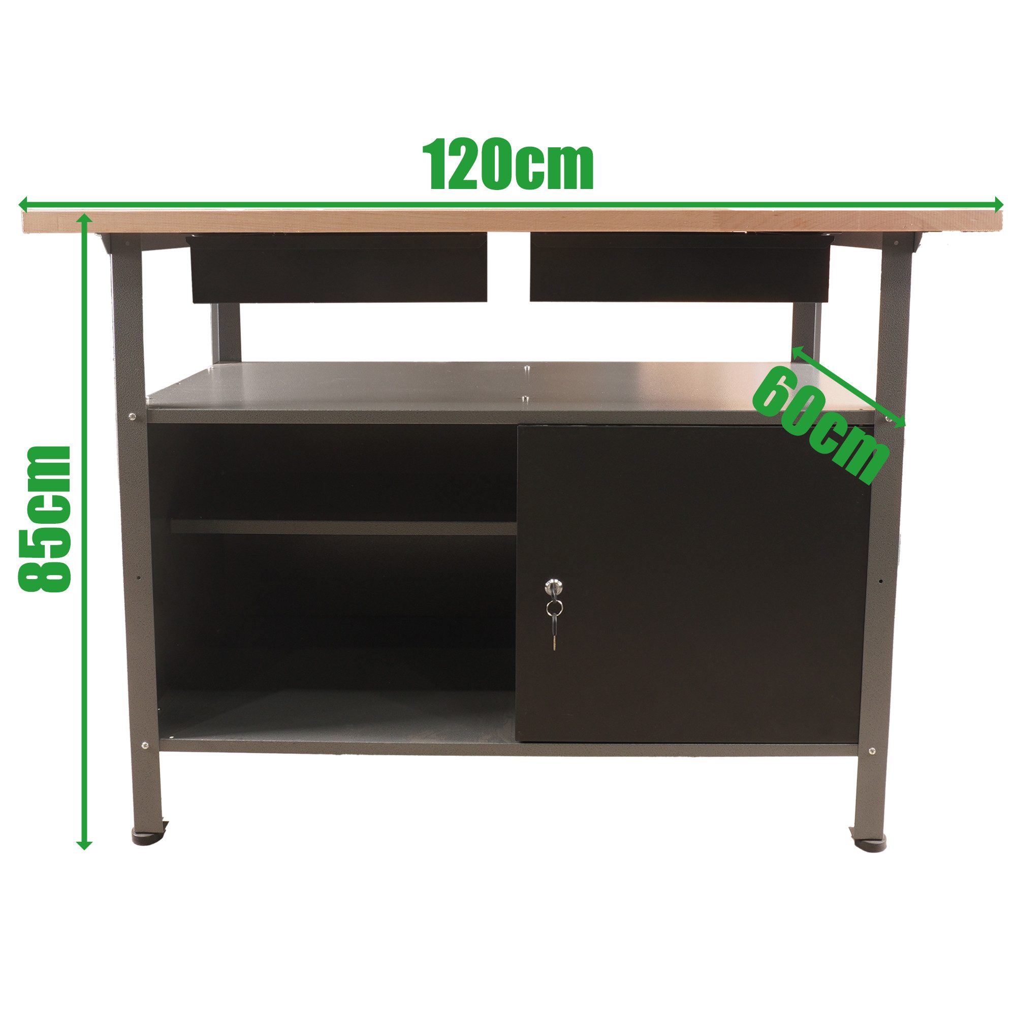 ONDIS24 Werkbank Werktisch Fritz - höhenverstellbare Füße, 2 Schubladen, Metall, 120x60x85(H) cm, abschließbare Tür, belastbar Bis 250kg
