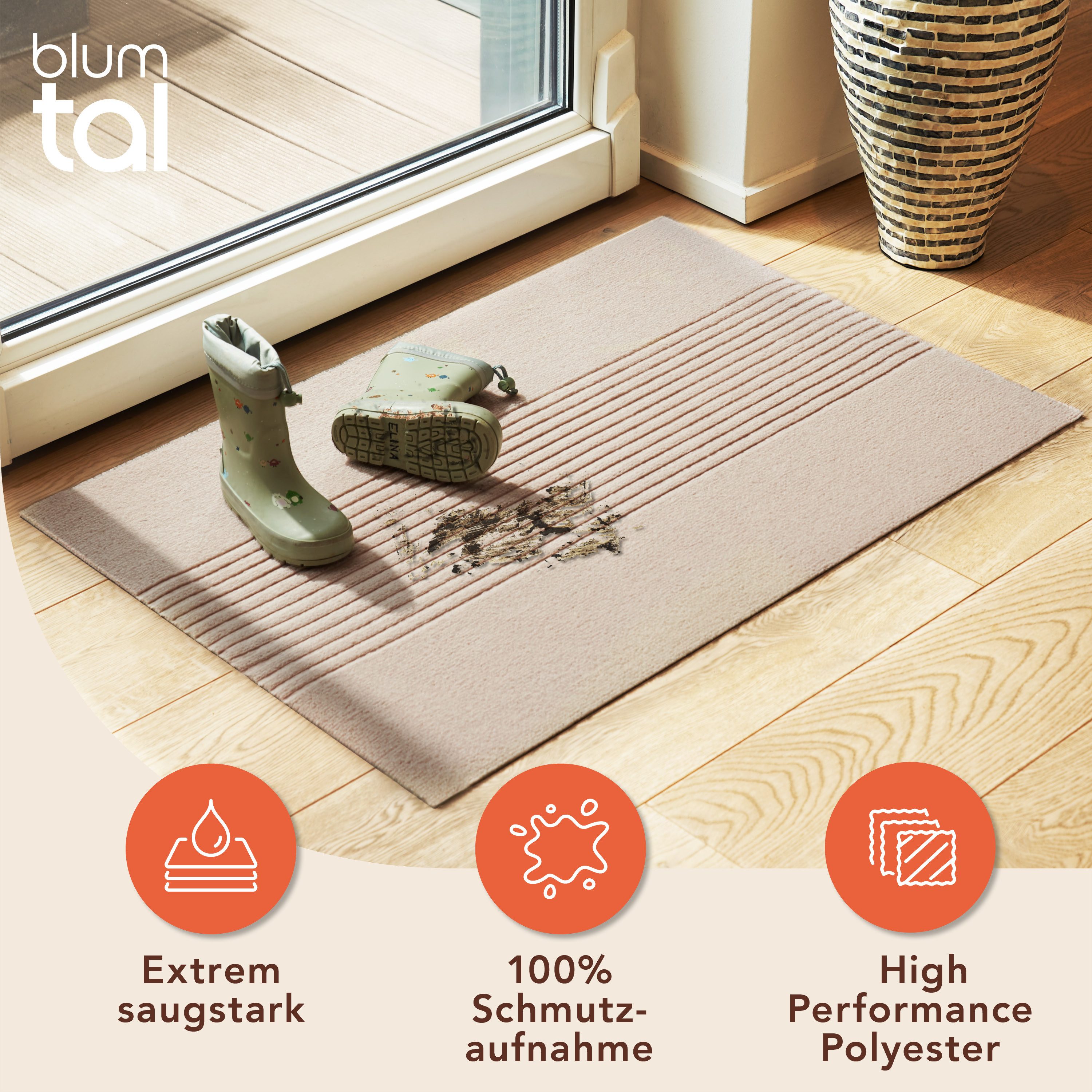 Blumtal Fußmatte rutschfeste Schmutzfangmatte aus langlebigem Polyester, Fußmatte innen/Schmutzfangmatte außen