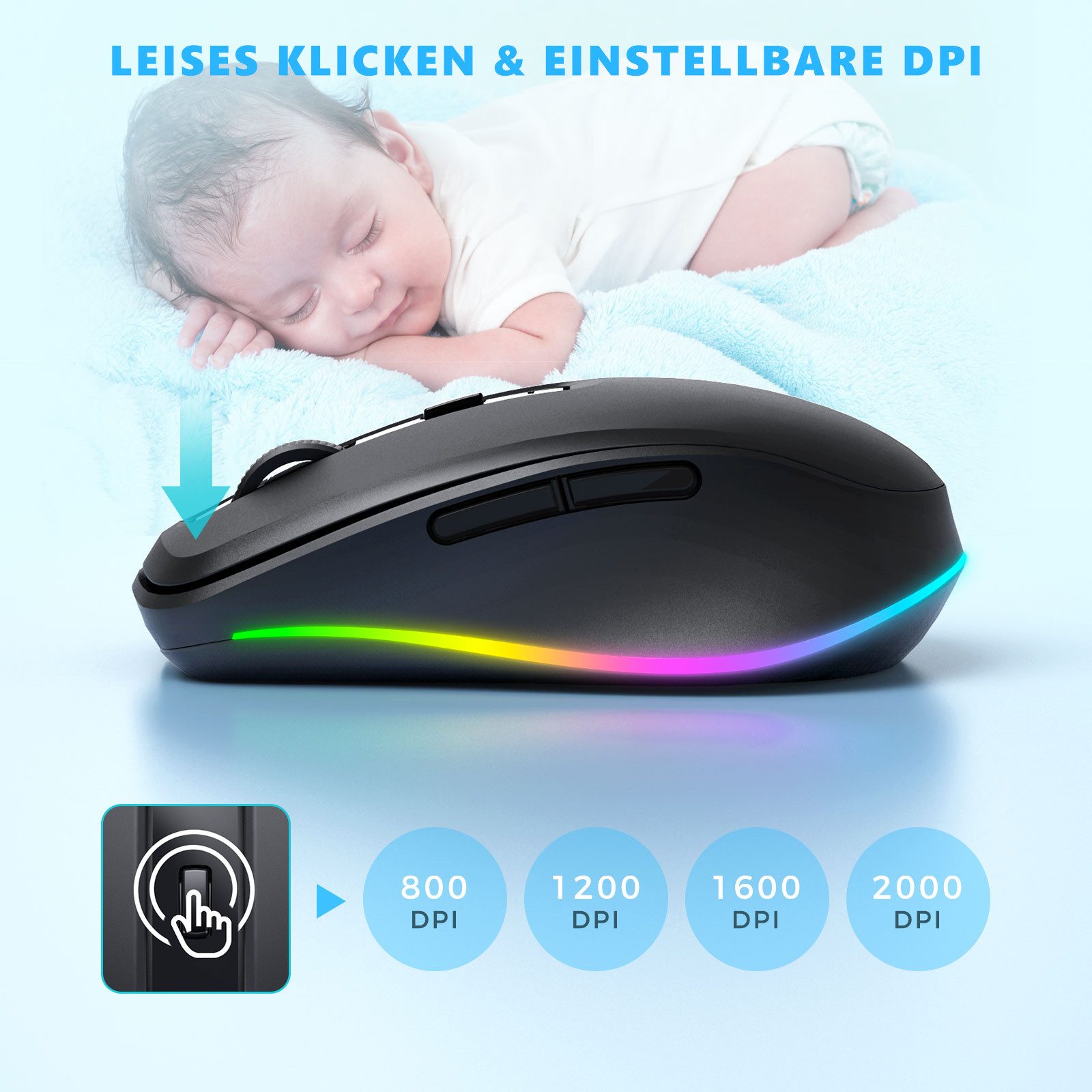 Seenda JY203 Kabellose Maus 2,4 GHz, Jiggler, leise, USB-C, 2000 DPI Maus (Funk, 2000 dpi, aufladbar) – Bild 5 von 5