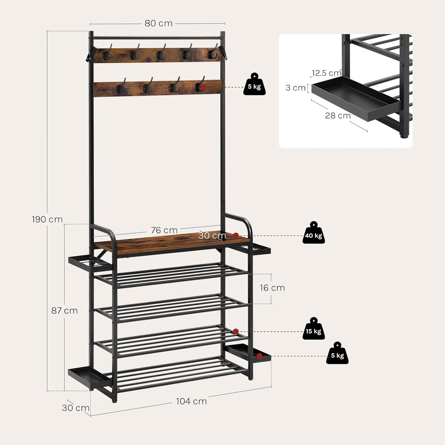 Woltu Kleiderständer, 4-in-1 Garderobenständer, für Flur Schlafzimmer, 80x190x30 cm