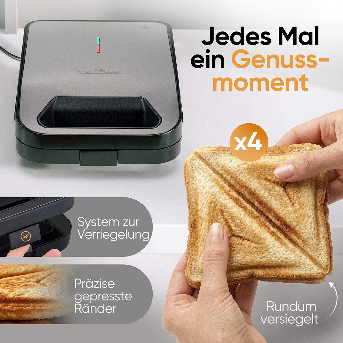 ProfiCook Sandwichmaker PC-ST 1329, Sandwichmaker für 4 Sandwiches, Antihaft, 1600W