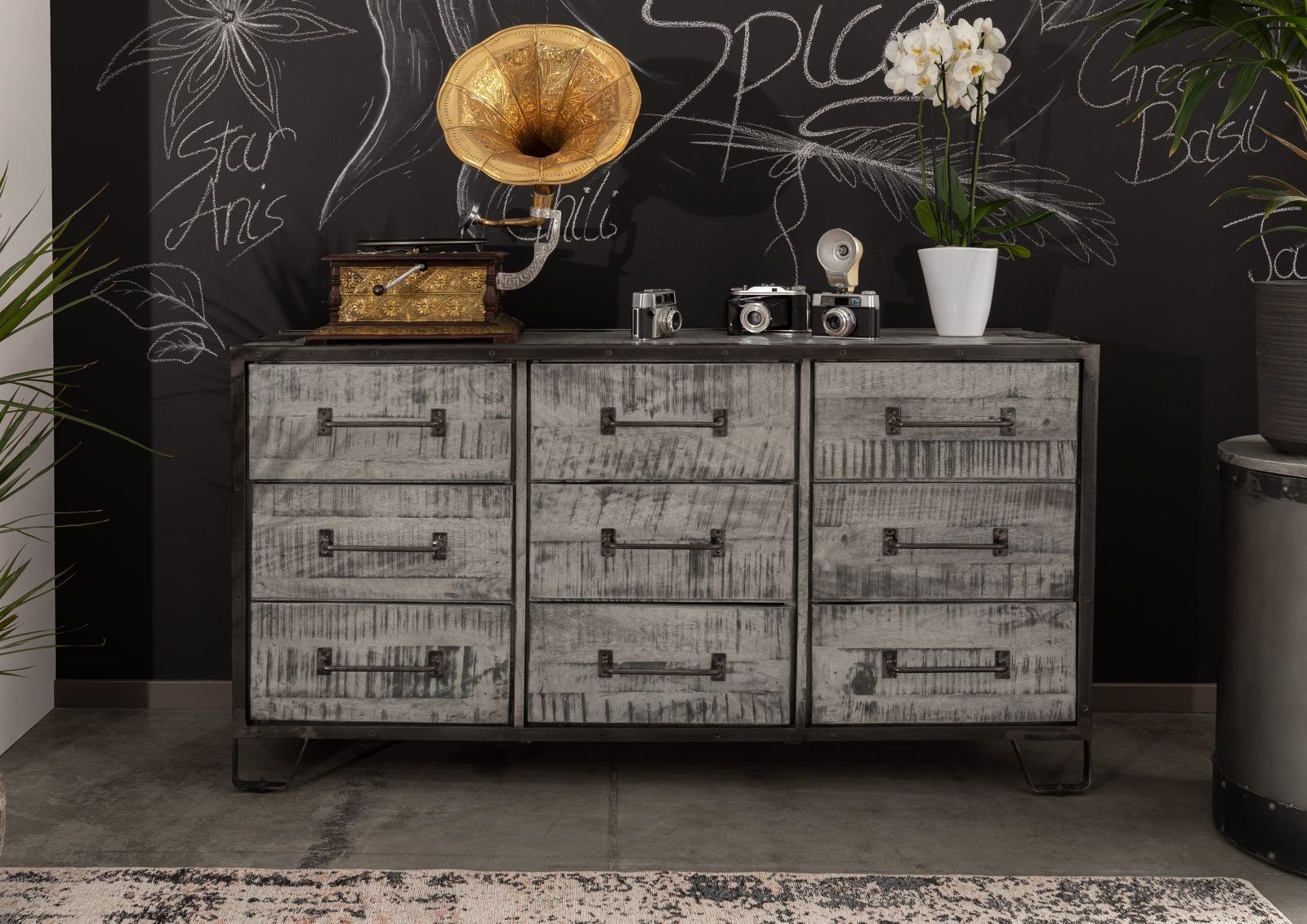 Massivmoebel24 Sideboard HEAVY INDUSTRY (Massivholz), Sideboard Mango 150x45x80 grau lackiert HEAVY INDUSTRY #118