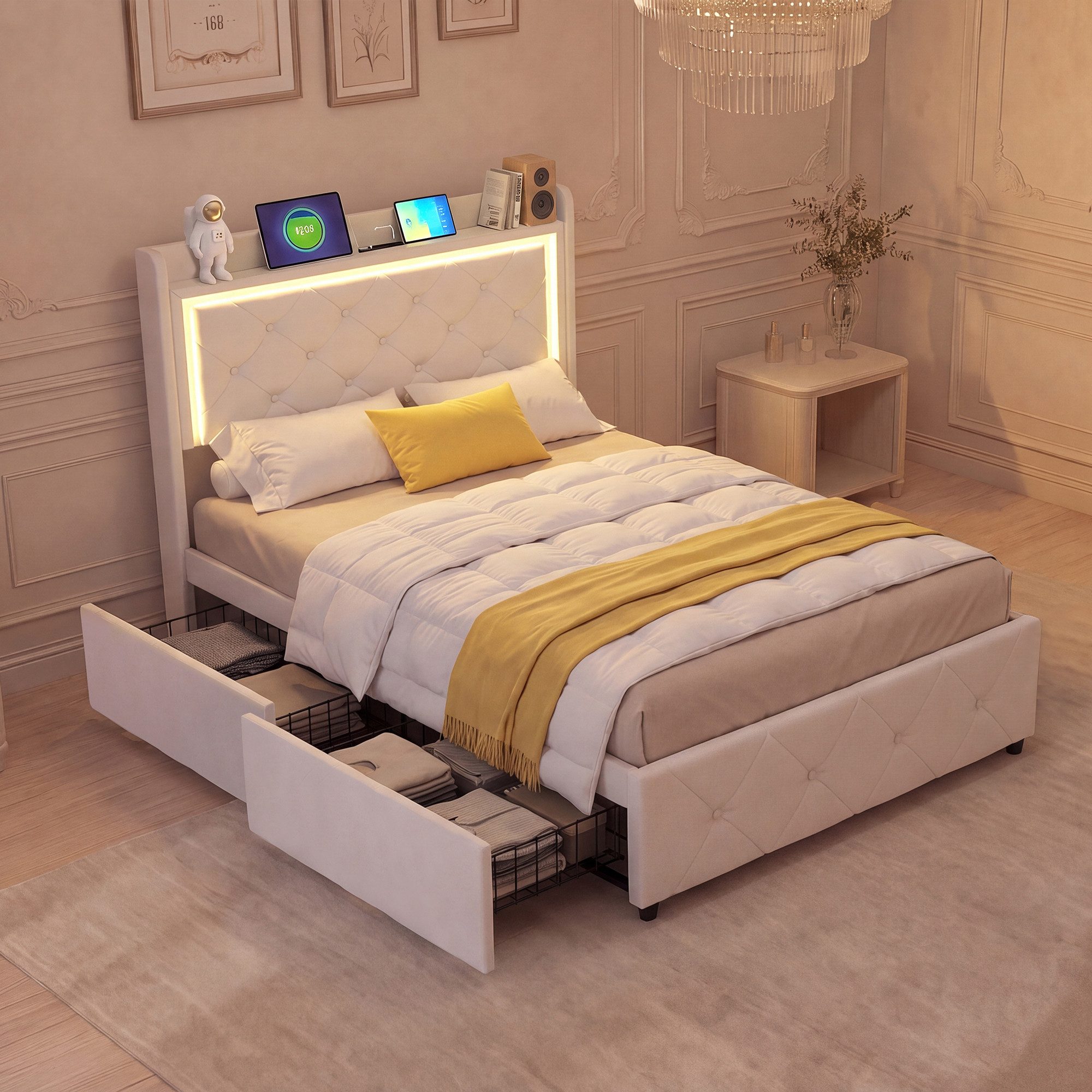 Simurq Polsterbett Polsterbett,Erwachsenenbett,Schubladenbett,Jugendbett,Einzelbett (inkl. Lattenrost, Ohne Matratze, mit Kopfteil), 2 Schubladen,LED-Beleuchtung,USB Type-C Ladestation,Beige,90x200 cm