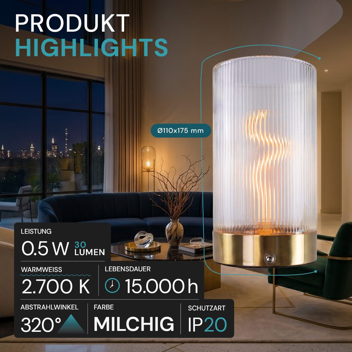 LUXULA LED Tischleuchte Kabellose Nachttischlampe, LED fest integriert, 2700K Warmweiß, Akku Tischleuchte 0.5W milchiges Glasgehäuse Dimmbar Messingoptik