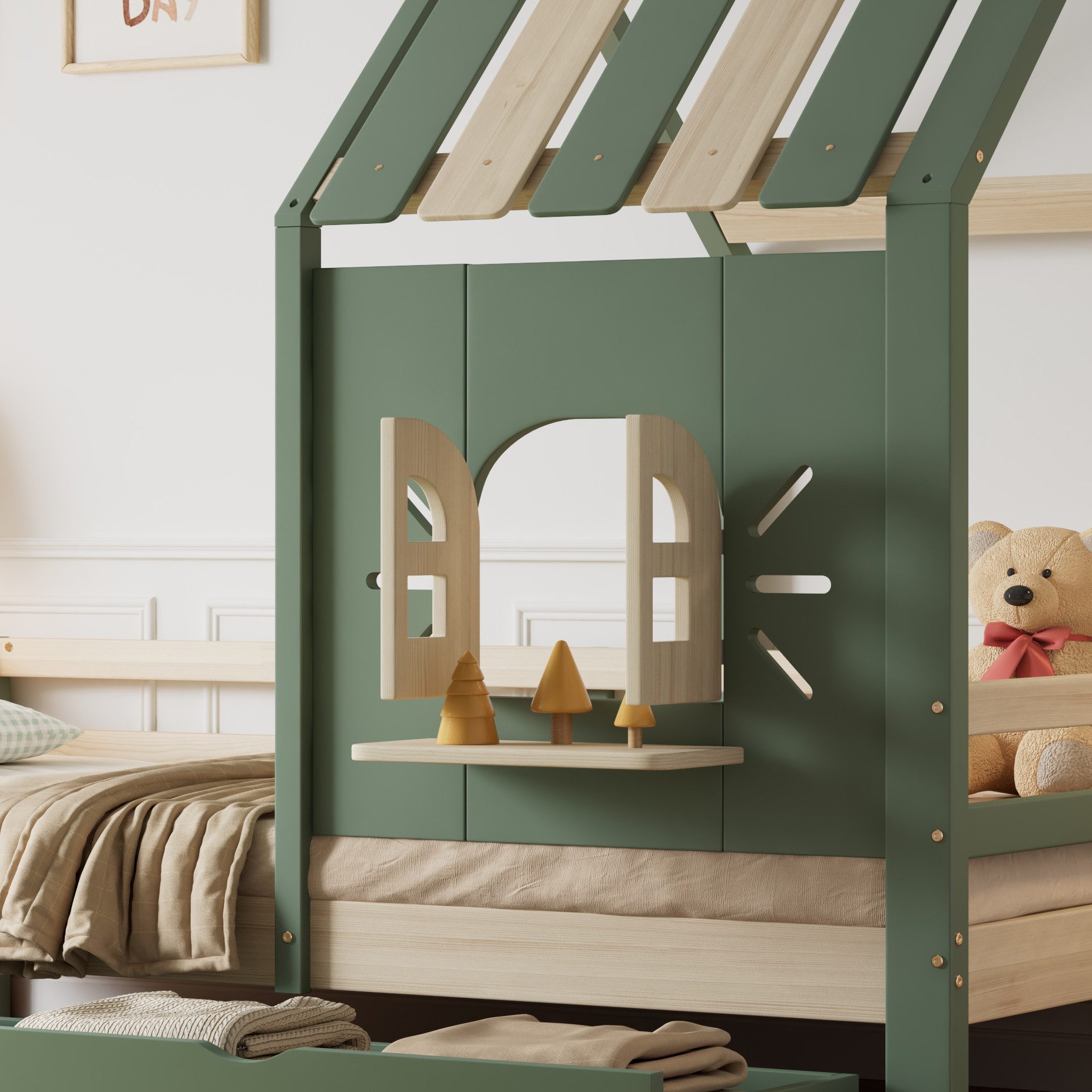 Flieks Kinderbett, Hausbett Einzelbett 90x200cm mit Dach und Fenster mit 2 Schubladen