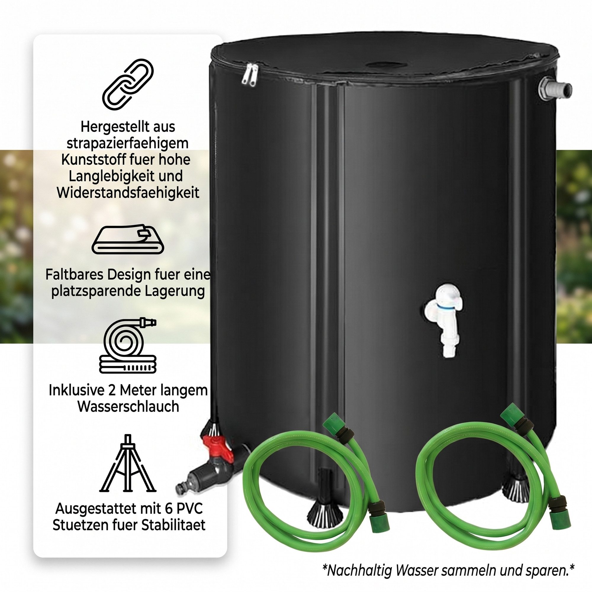 Mucola Regentonne Regenwassertonne faltbar Regenfass Wassertank Regenwassertank mit Hahn, 380 l, (Stück, Stück), inkl. 2 Meter Wasserschlauch mit Anschluss