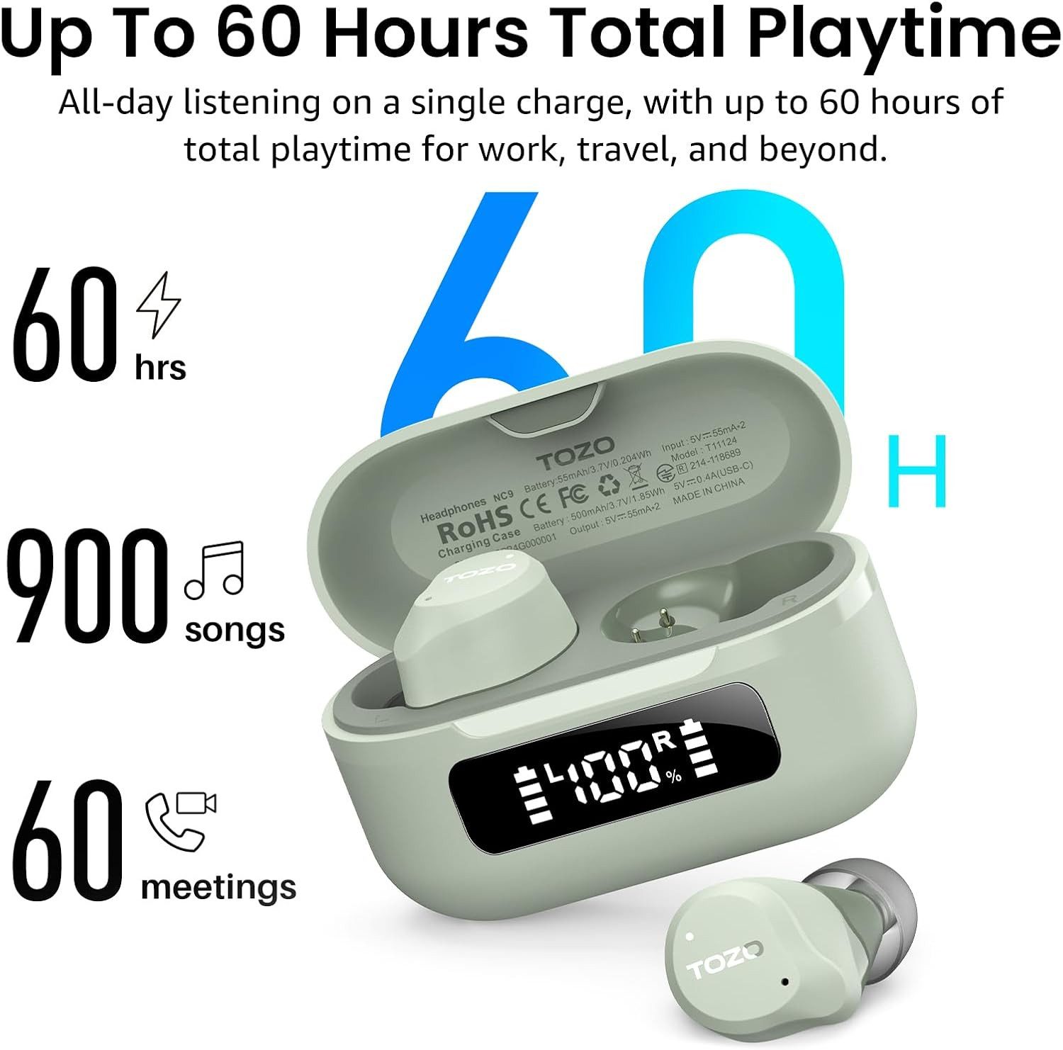 TOZO Bluetooth ANC 45dB Noise Cancelling, 60h Akku, IPX8 In-Ear-Kopfhörer (IPX8 wasserdichtes Design schützt zuverlässig vor Schweiß und Regen bei Sport, Fitness und Outdoor Aktivitäten, Kabellose Audio mit 6 Mikrofonen ENC, Tiefbass, App EQ Modi)