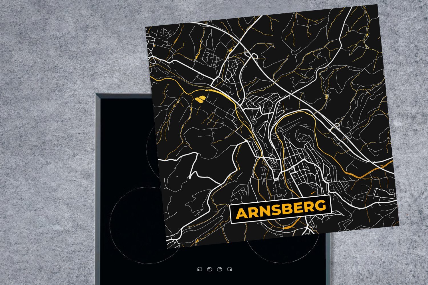 Vinyl, - für Gold (1 Karte - Herdblende-/Abdeckplatte Deutschland cm, MuchoWow - küche Arnsberg Karte, Stadtplan - Arbeitsplatte 78x78 tlg), Ceranfeldabdeckung, -