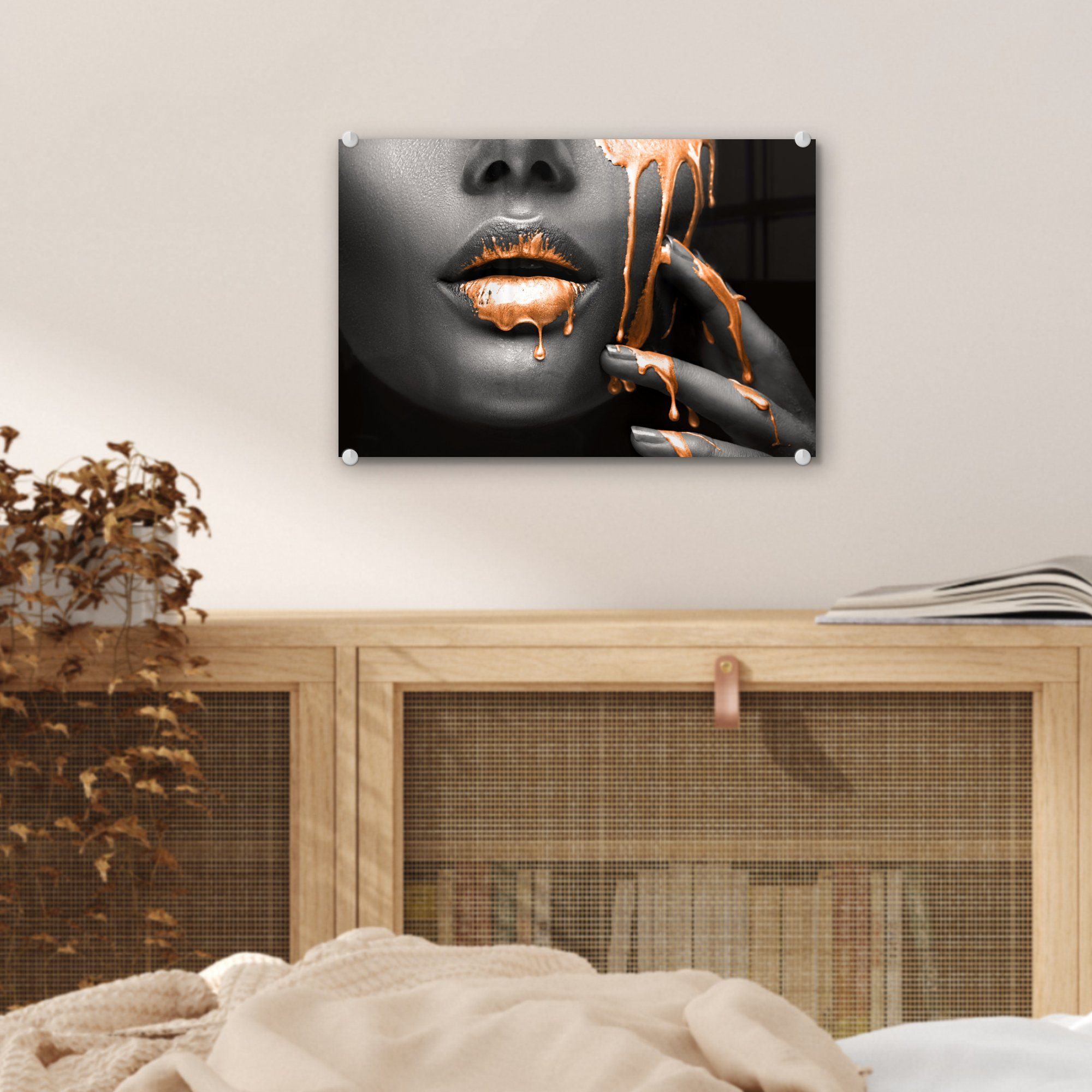 Glas (1 - Glas St), MuchoWow - Bilder Orange Foto Wanddekoration Glasbilder - Wandbild Acrylglasbild auf auf Schwarz, - Lippen -