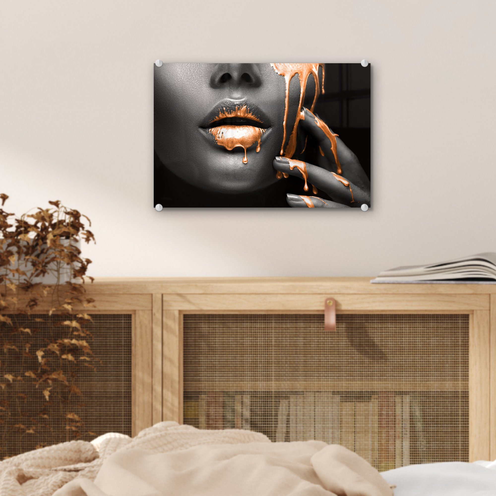 MuchoWow Acrylglasbild Lippen Glas Wandbild auf Wanddekoration St), auf Glas (1 - - Schwarz, Orange Glasbilder - - - Bilder Foto