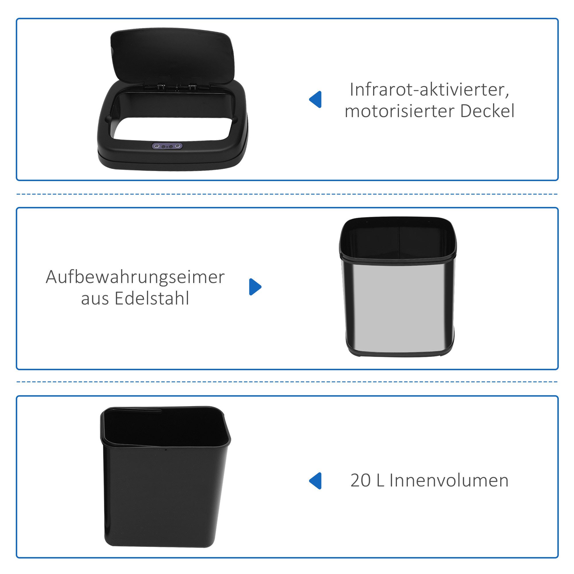 HOMCOM Mülleimer Edelstahl Automatischer Mülleimer mit Bewegungssensor, Inneneimer, für Büro, Schlafzimmer, Küchen Silber+Schwarz, Mülltonne