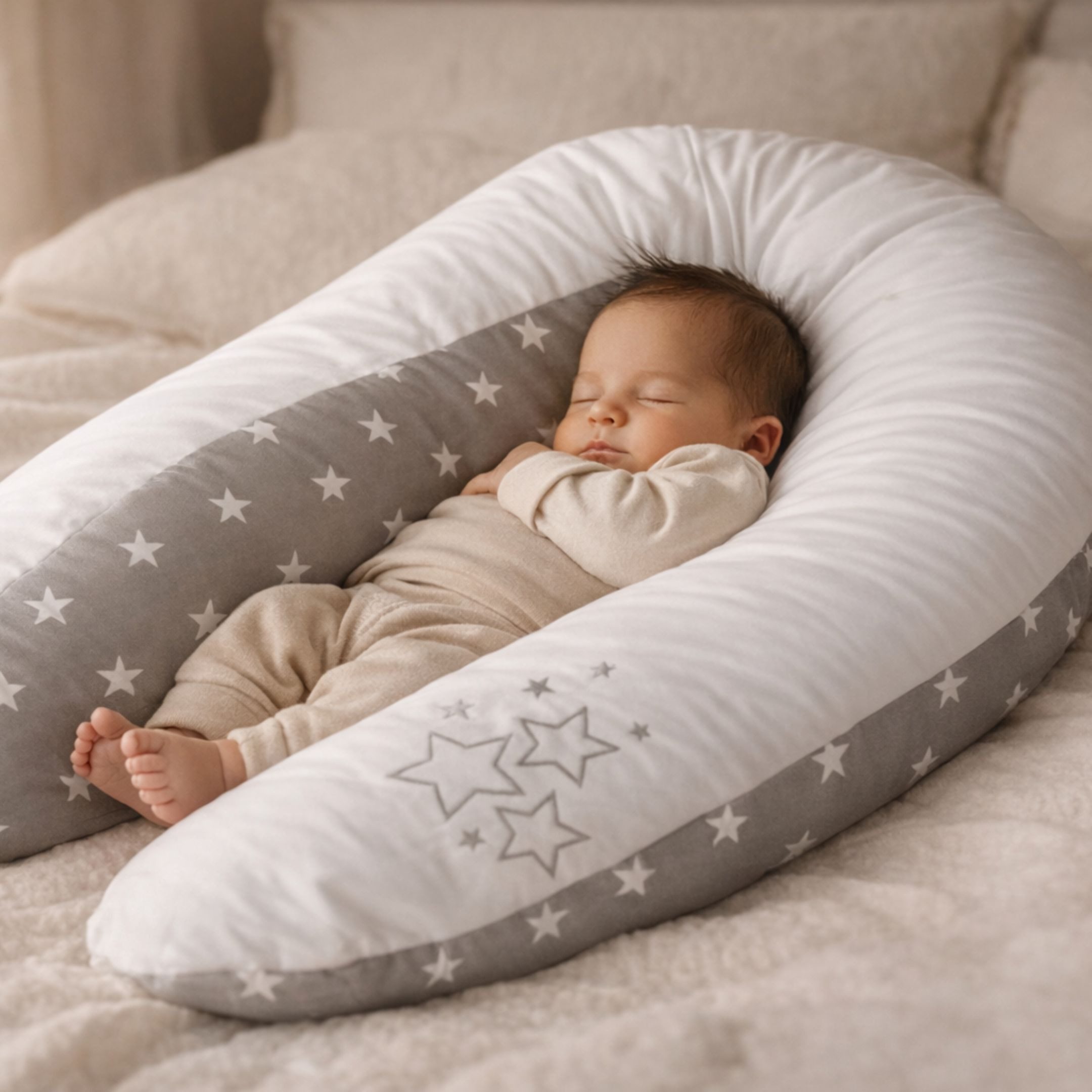 Babymajawelt Stillkissen Stillkissen Perlenfüllung, Schwangerschaftskissen STARS, Prall gefüllt, 2-tlg., Seitenschläferkissen XL 190 x 64 cm, gestickter Motiv, Individuell anpassbar, Speichert Wärme!