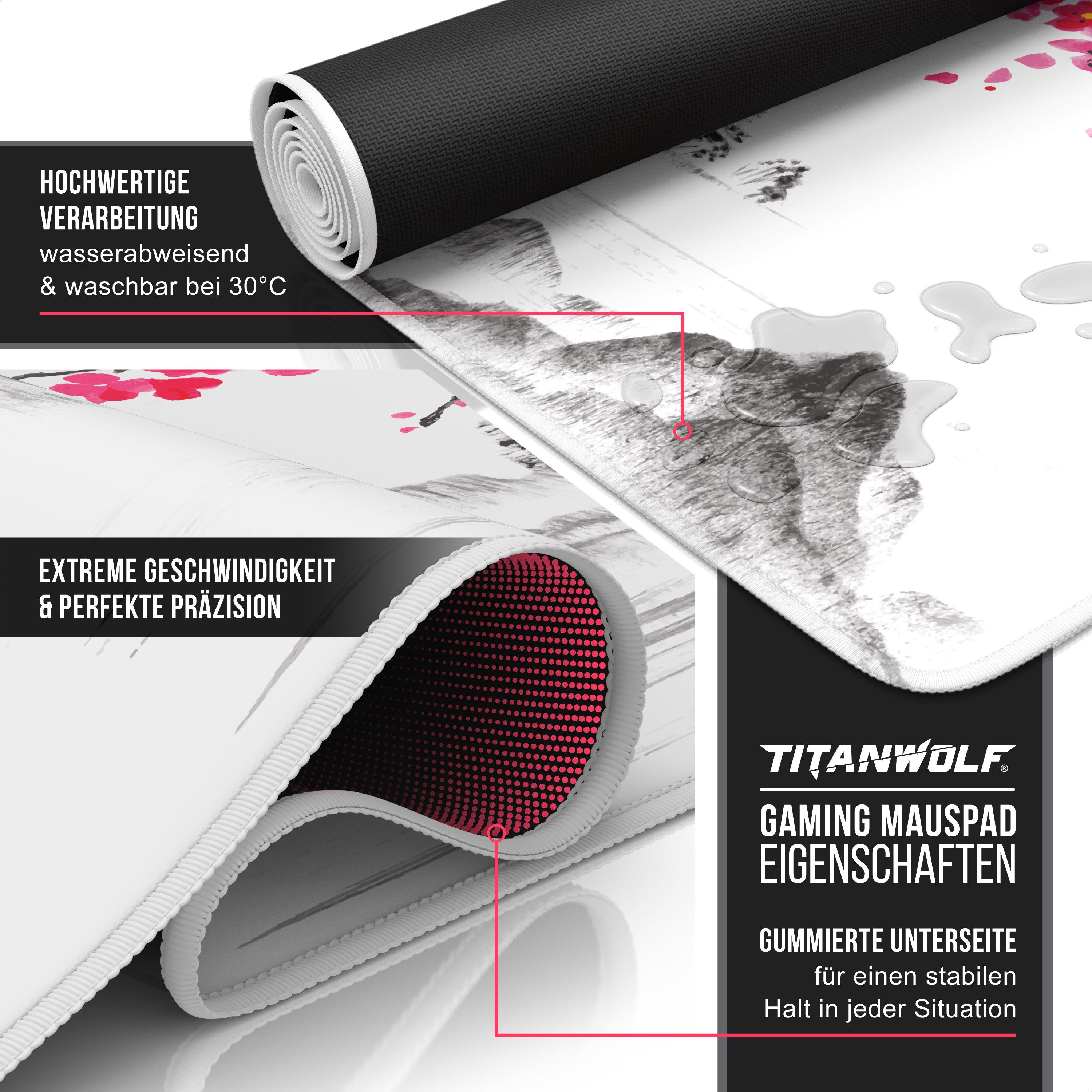 Titanwolf Gaming Mauspad XXL Speed Mousepad 900 x 400 x 3 mm, Schreibtischauflage, abwaschbar, rutschfeste Rückseite, Geschwindigkeit & Präzision, Ink Sakura