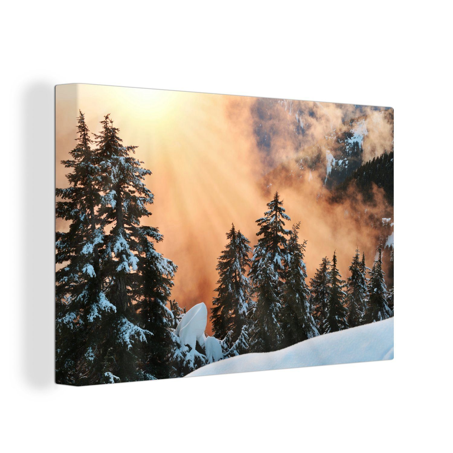OneMillionCanvasses® Leinwandbild Sonnenuntergang bei den Weihnachtsbäumen am Grouse Mountain in Kanada, (1 St), Wandbild Leinwandbilder, Aufhängefertig, Wanddeko, 30x20 cm