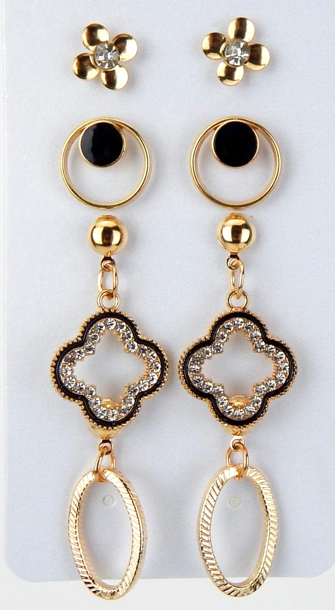 Ella Jonte Ohrring-Set, 4 Paar Ohrstecker in Gold & Schwarz mit Strass in Geschenktüte