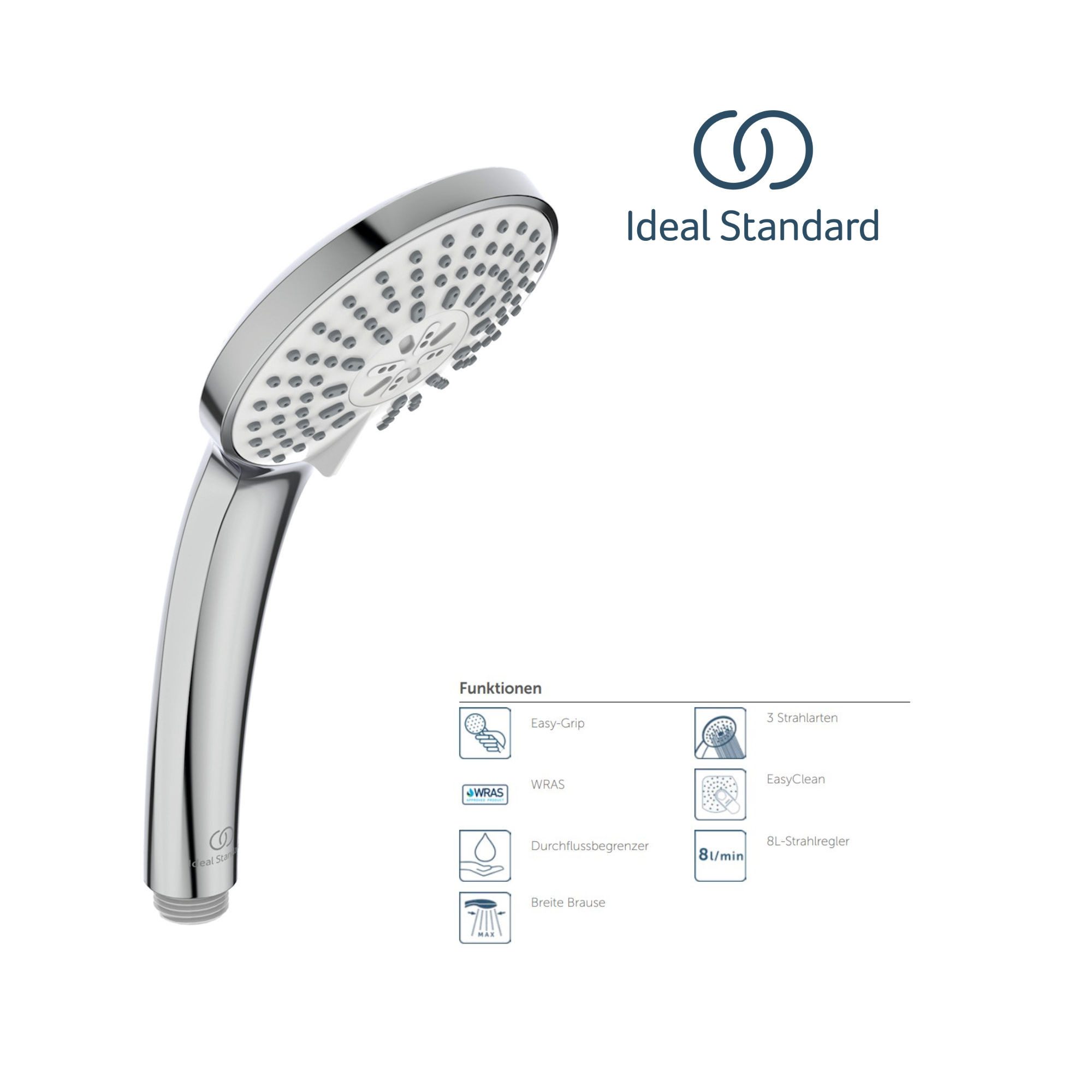 Ideal Standard Handbrause 3-Funktionshandbrause Idealrain, Ø 100 mm, Easy-Clean, Chrom B9403AA