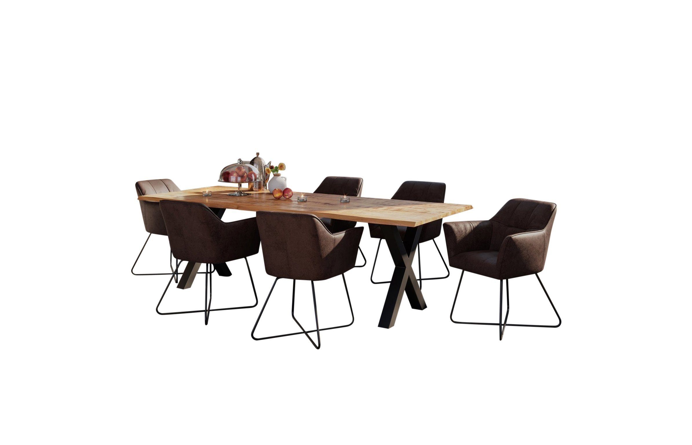 SAM® Essgruppe Sophie_Akazie, (Set, 1 Tisch, 6 Stühle), 7tlg., mit echter Baumkante, X-Gestell aus Metall und 6 Stühlen