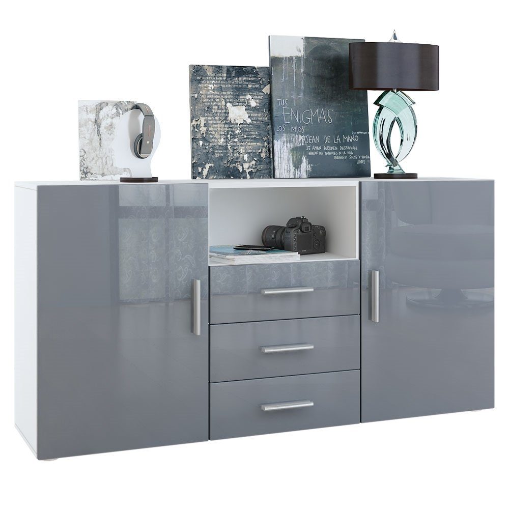 Vladon Sideboard Skadu (Kommode, mit 2 Türen, 3 Schubladen und 1 offenem Fach), Weiß matt/Grau Hochglanz (138,5 x 71,5 x 35 cm)