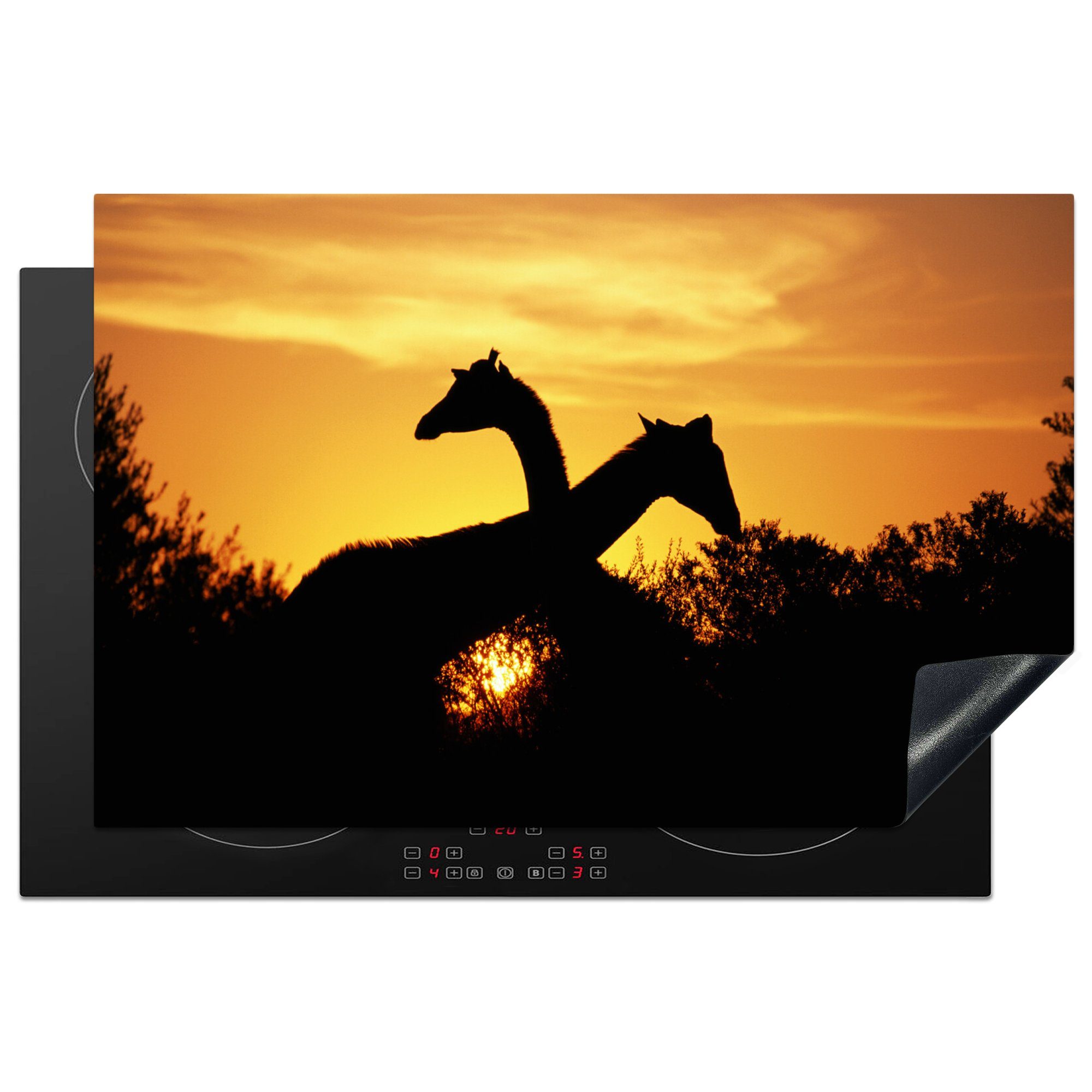 MuchoWow Herdblende-/Abdeckplatte Zwei Giraffen bei Sonnenuntergang, Vinyl, (1 tlg), 81x52 cm, Induktionskochfeld Schutz für die küche, Ceranfeldabdeckung