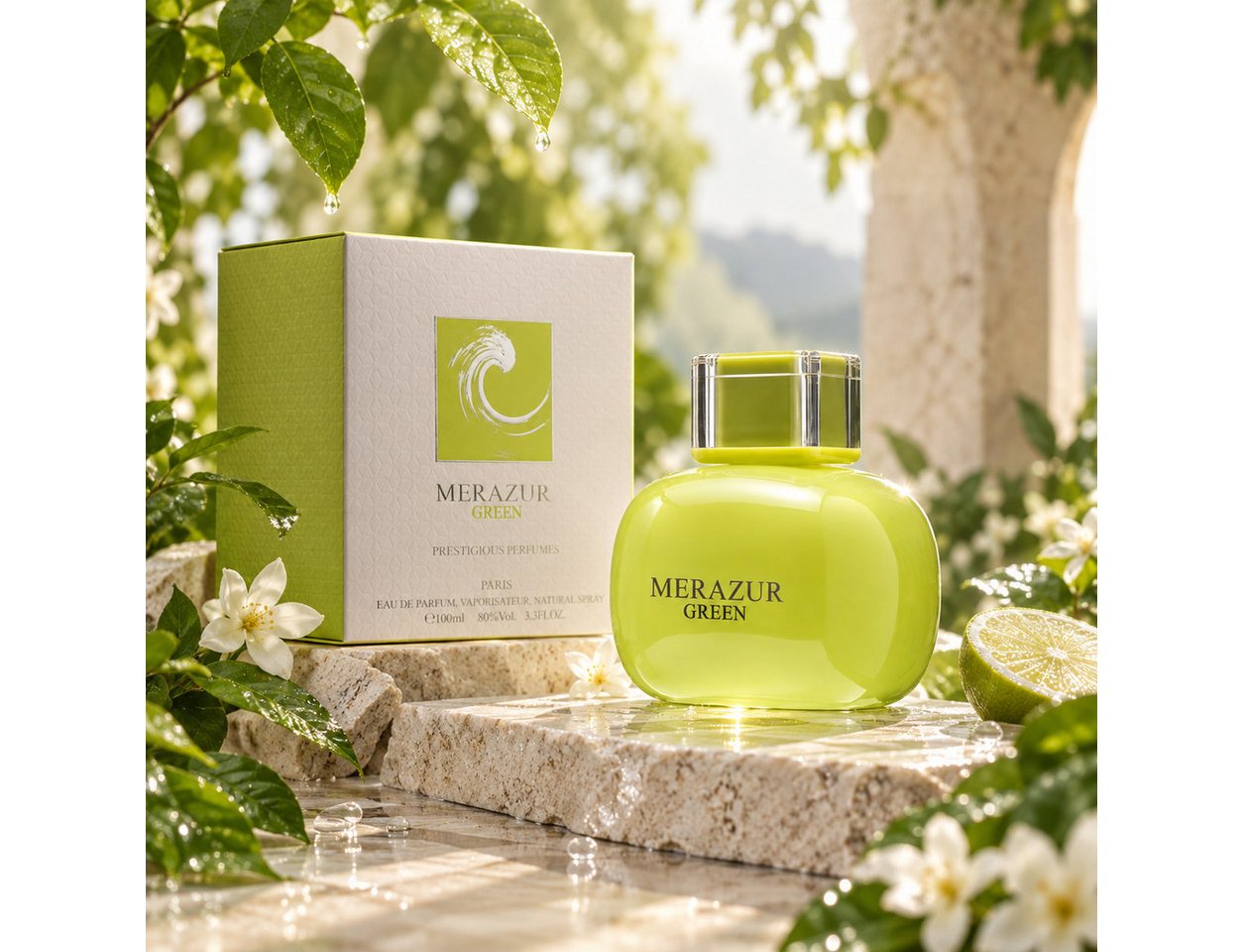 Prestigious Parfums Eau de Parfum Merazur Green Damenduft: Frisch, Floral, e100 ml, Hergestellt in Paris, Langanhaltend, Edle Verpackung