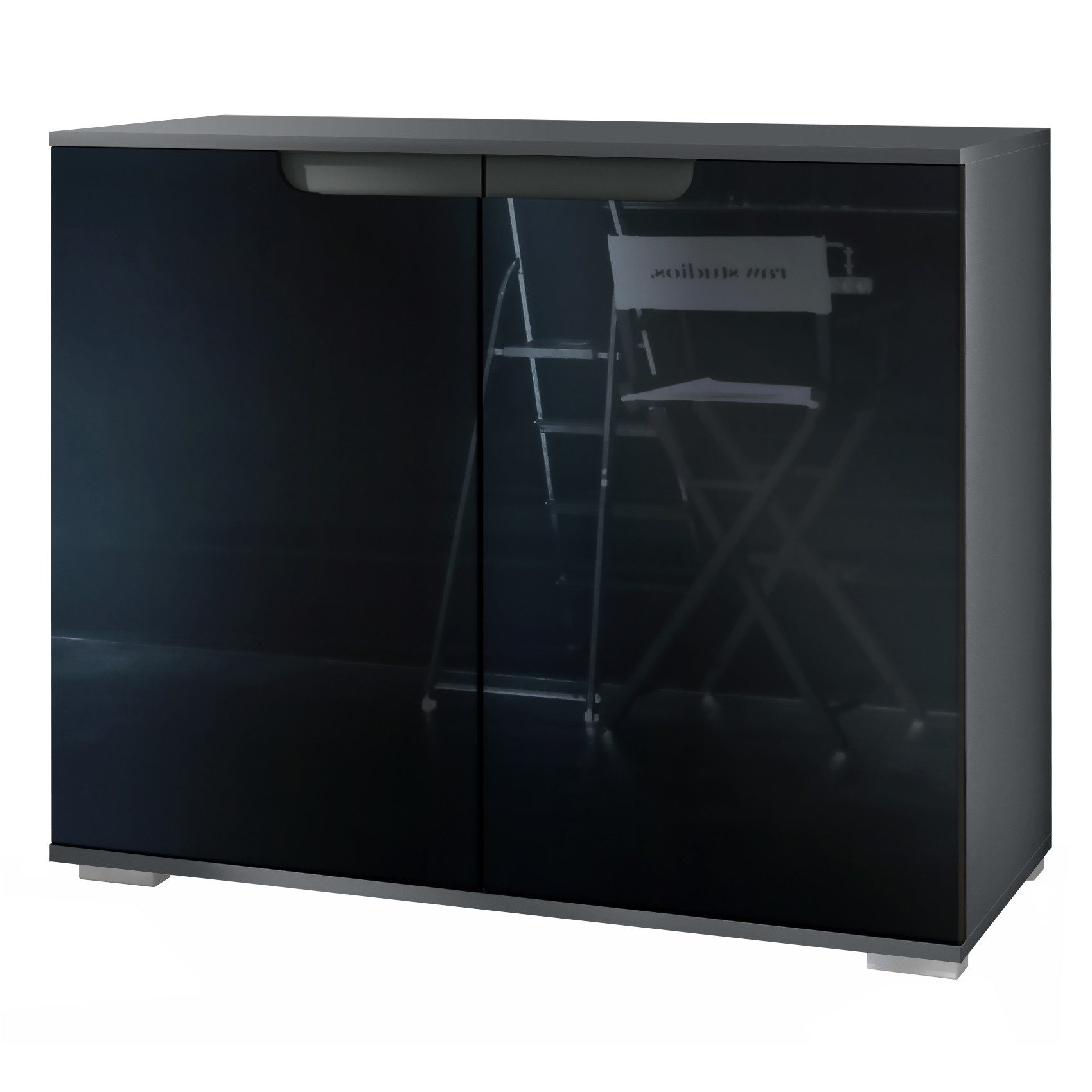 Vladon Kommode Sylt V3 (Moderner Küchenschrank, mit 2 großen Türen), Anthrazit matt / Schwarz Hochglanz (92,5 x 75.5 x 35)