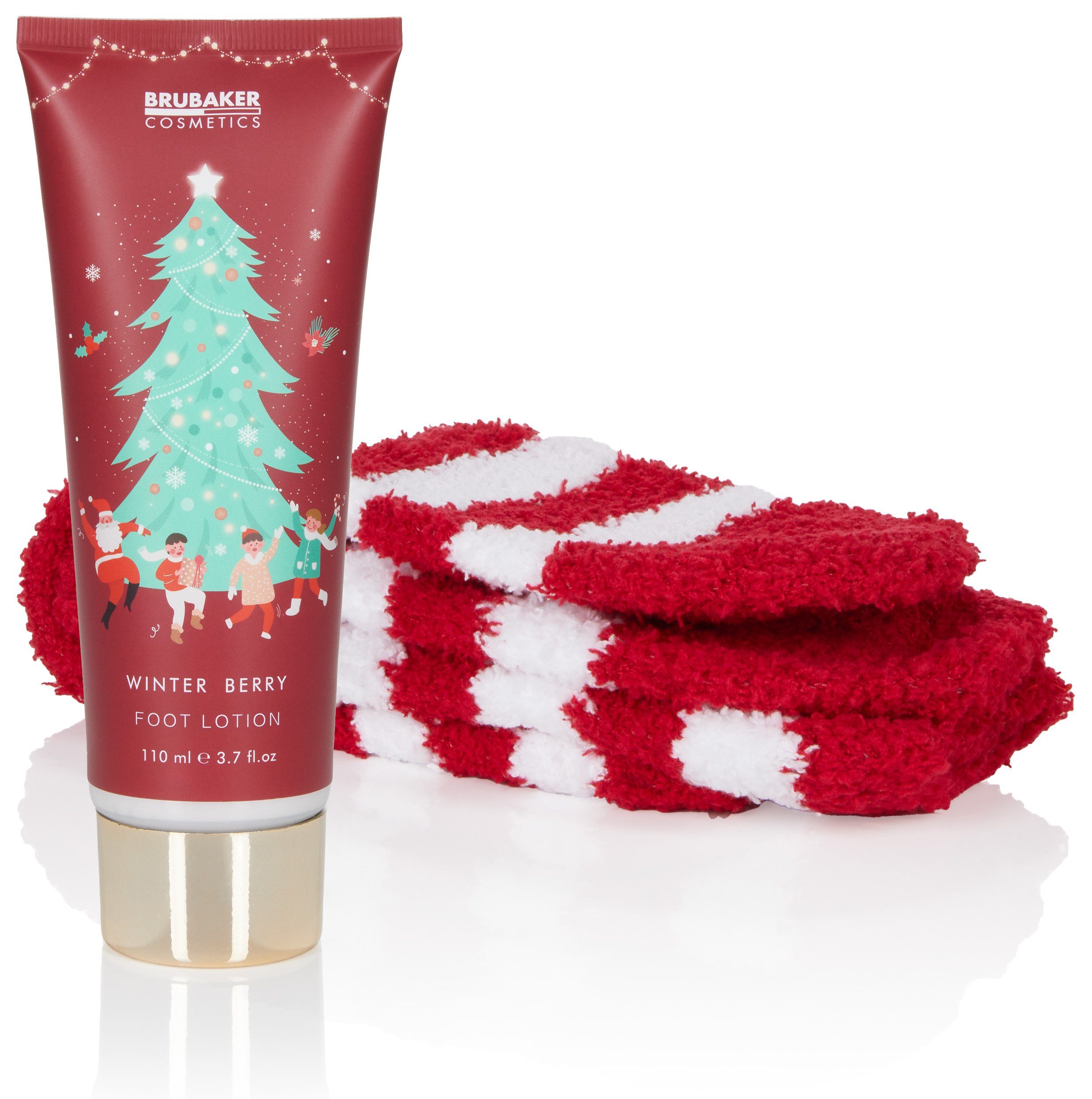 BRUBAKER Pflege-Geschenkset Dusch- und Badeset Weihnachten, Pflegeset für Damen und Mädchen, Rot, 2-tlg., Frauen Geschenkset mit Plüsch Socken, Beauty Wellness Set