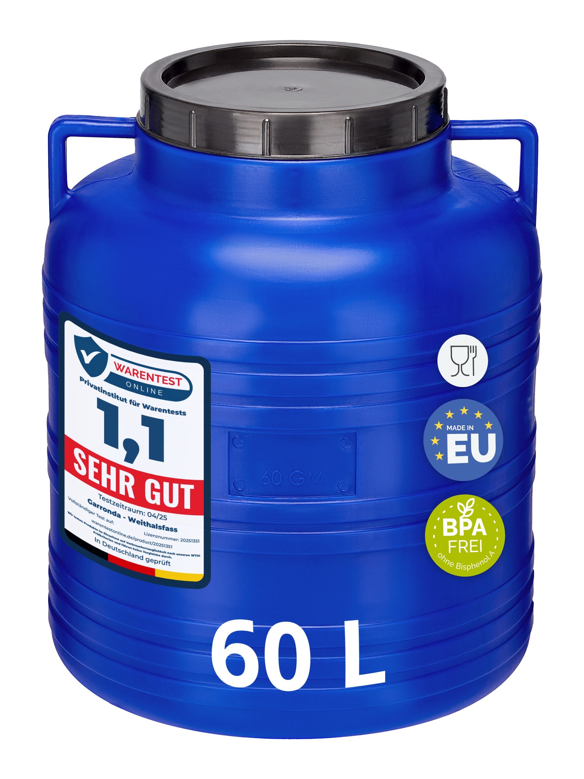 Garronda Regentonne 60L BPA-freies Fass Behälter mit Deckel für Lebensmittel GD-0087, Blau, 60 l