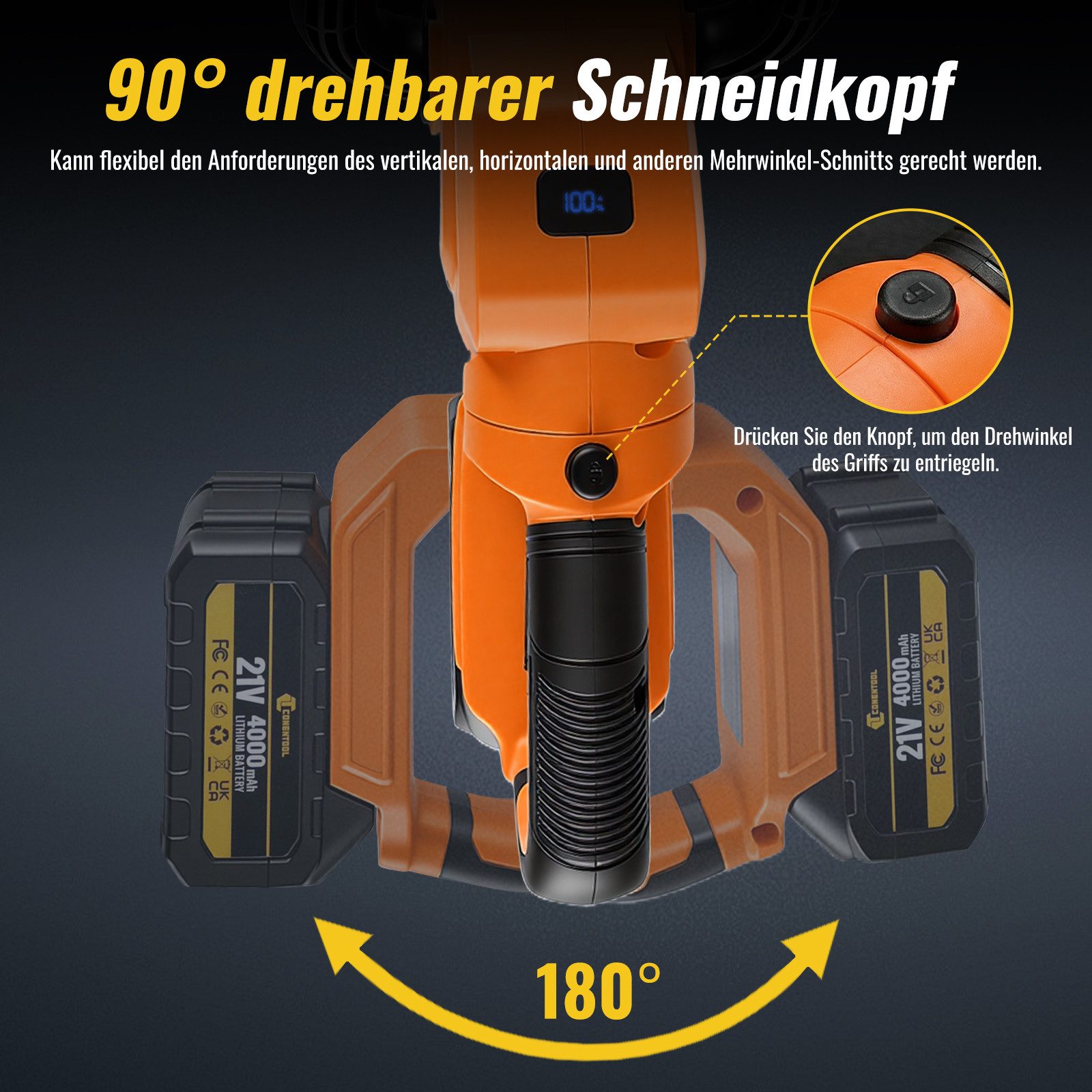CONENTOOL Akku-Heckenschere 21V Bürstenloser Motor, 55 cm Schnittlänge, 2x 4,0Ah Akku, drehbarer Kopf, Heckenschneider