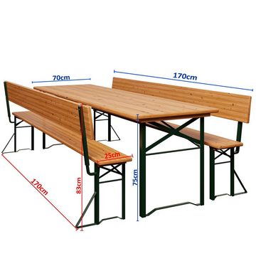 Casaria Bierzeltgarnitur, (3-tlg), mit Lehne 170 cm Klappbar Stabil 2x Bierbank 1x Breiter Tisch Holz