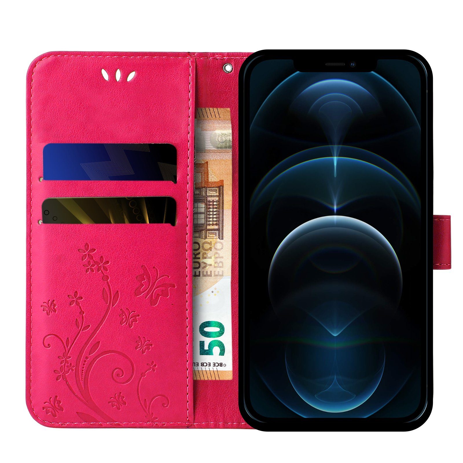 Tec-Expert Handyhülle Cover Tasche Hülle für Apple iPhone 12 6,1 Zoll, Klapphülle Case mit Kartenfach Fliphülle aufstellbar, Motiv Blumen