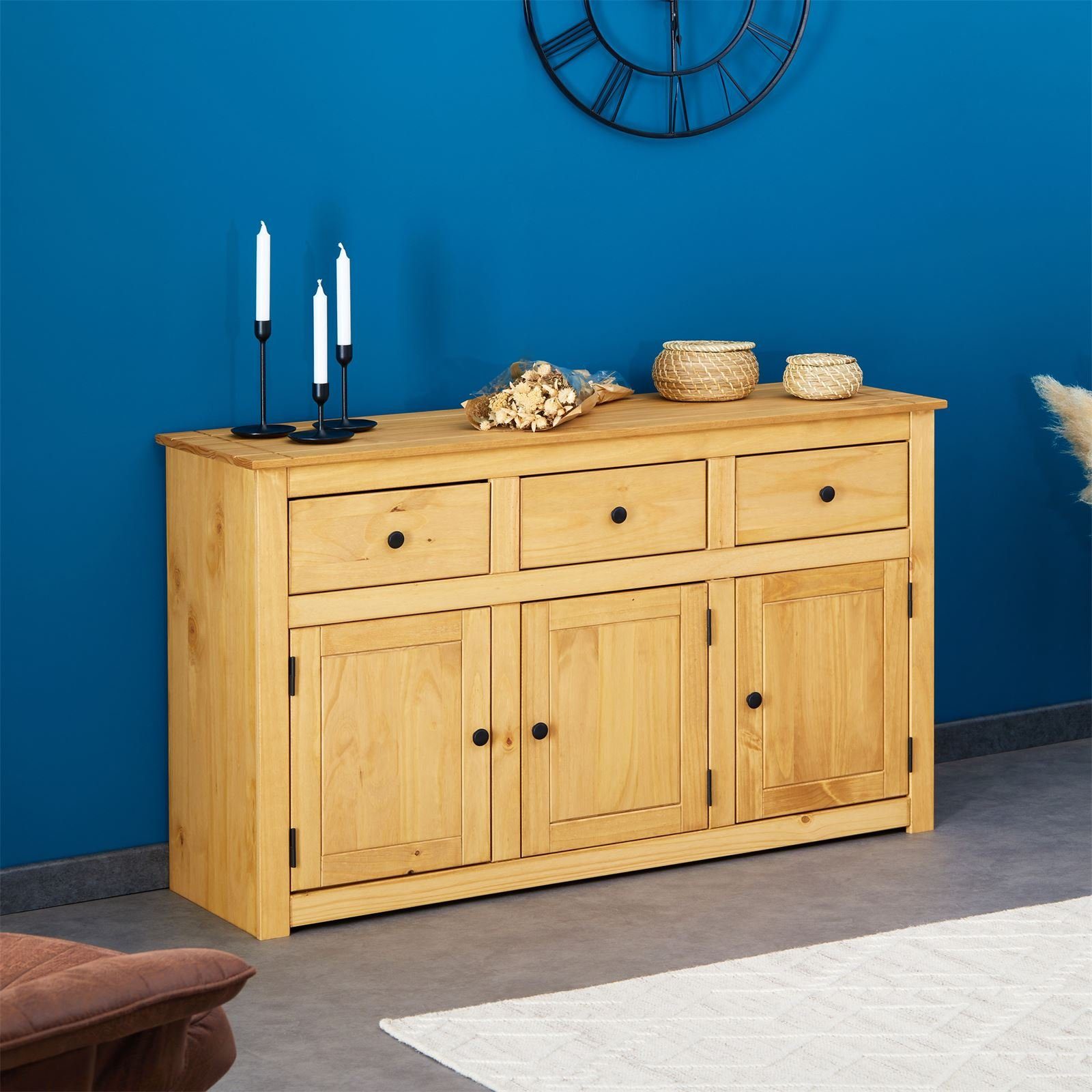 CARO-Möbel Sideboard CANCUN, Kommode aus Kiefer Massivholz 3 Türen & Schubl günstig online kaufen