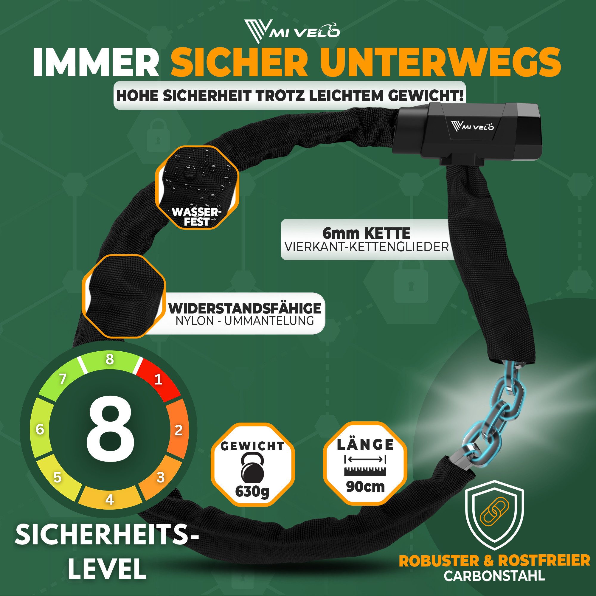 MIVELO Kettenschloss MIVELO FAHRRADSCHLOSS 90 cm Fahrrad Schloss (mit Schlüssel), Vierkantstahl - Hohe Sicherheit