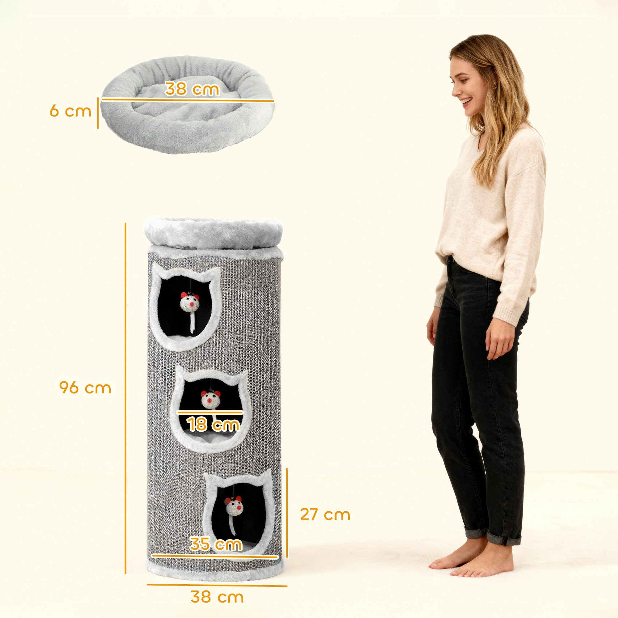 PawHut Kratztonne Kratztonne mit Plüschrand, abnehmbarem Plüschbett, Kratzbaum, (Katzenturm, 1-tlg., Katzentoilette mit Sisalseil, 3 Höhlen), mit 3 Spielzeugen, Grau