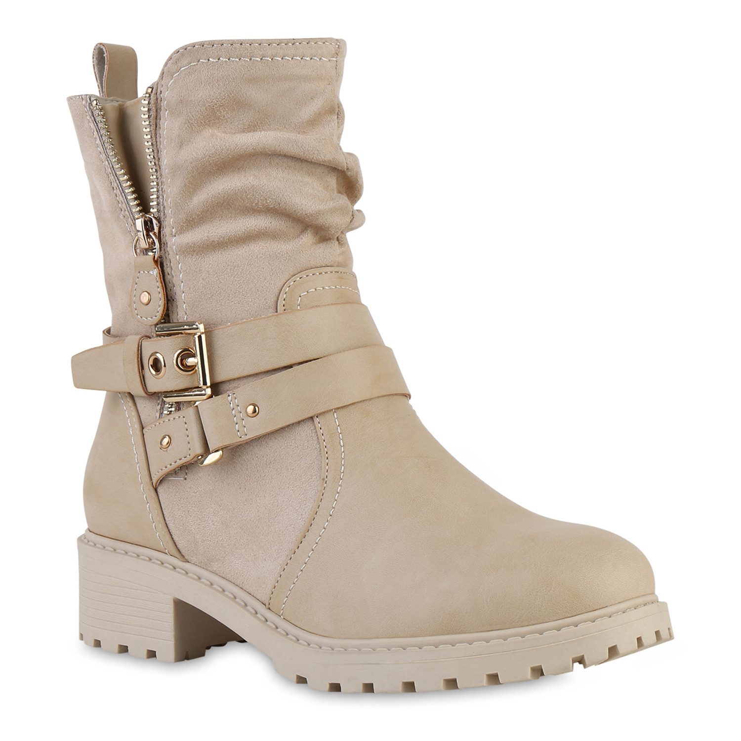 VAN HILL 841452 Bikerboots Damen Leicht Gefütterte Biker Boots Stiefeletten Schnallen
