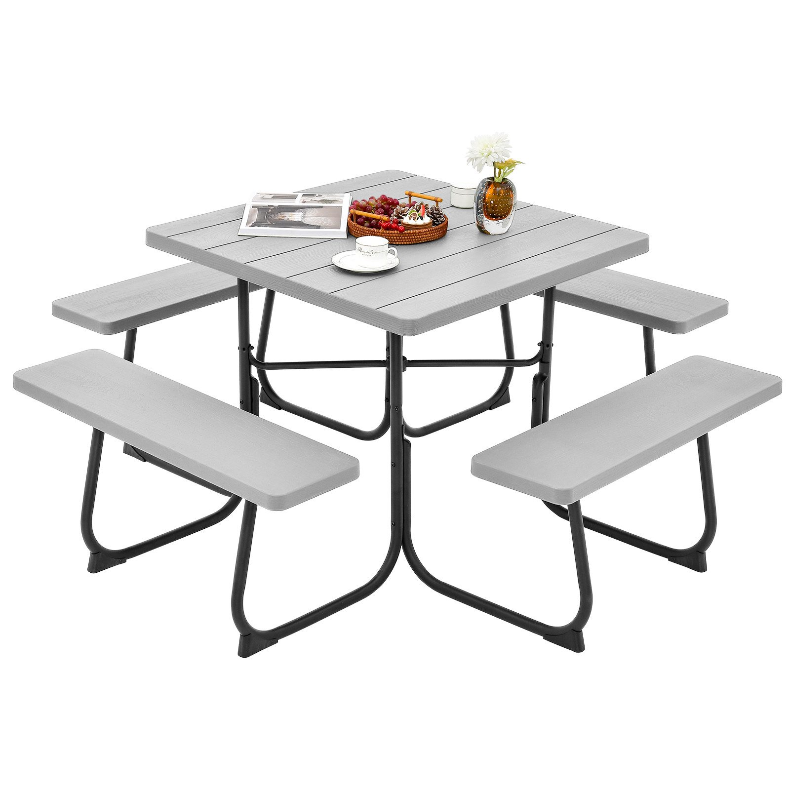 COSTWAY Bierzeltgarnitur, Sitzgarnitur mit 4 Bänken & Tisch, mit Schirmloch