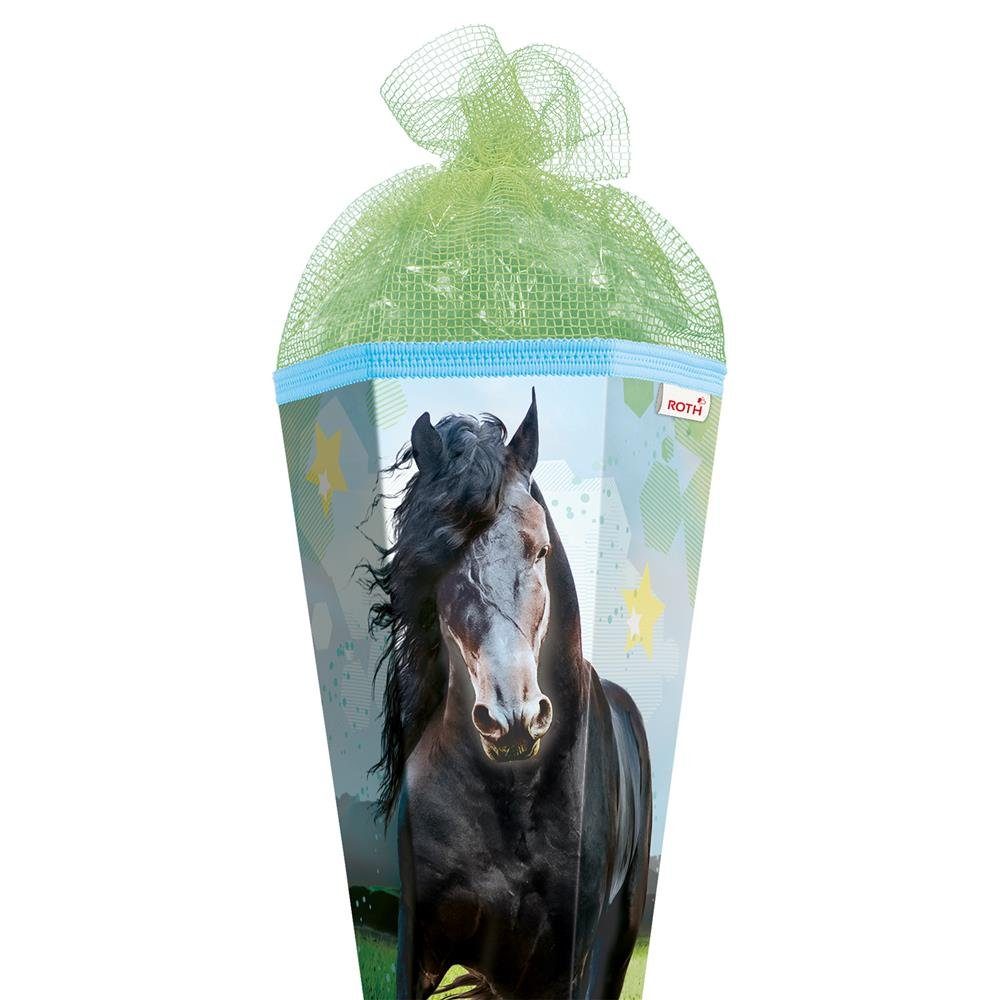 Roth Schultüte Power Horse / Pferd, 85 cm, eckig, mit grünem Netzverschluss, Zuckertüte für Schulanfang