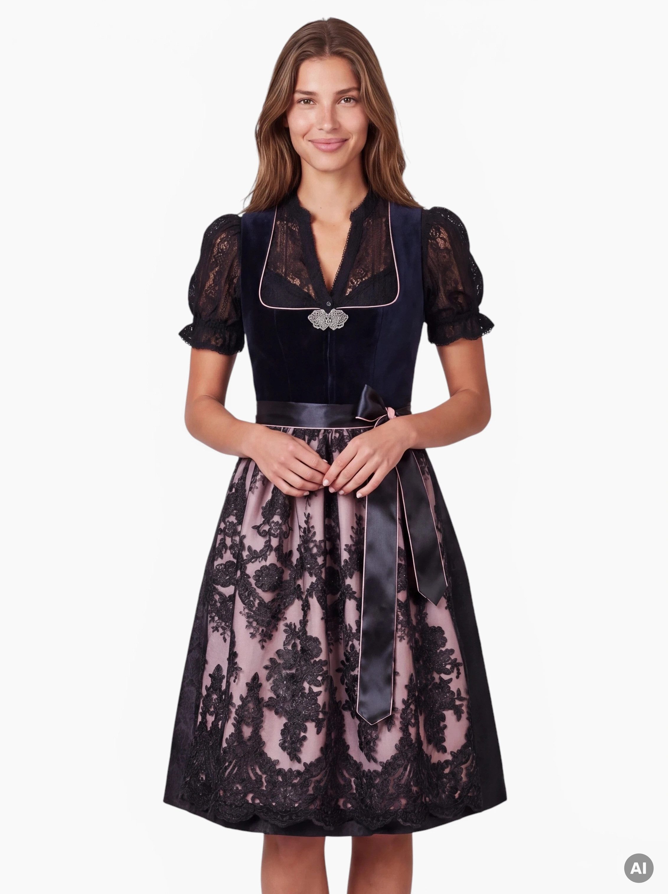 Moschen-Bayern Dirndl Sarah Midi Dirndl 70 cm Rock mit Samtmieder und Spitzenschürze