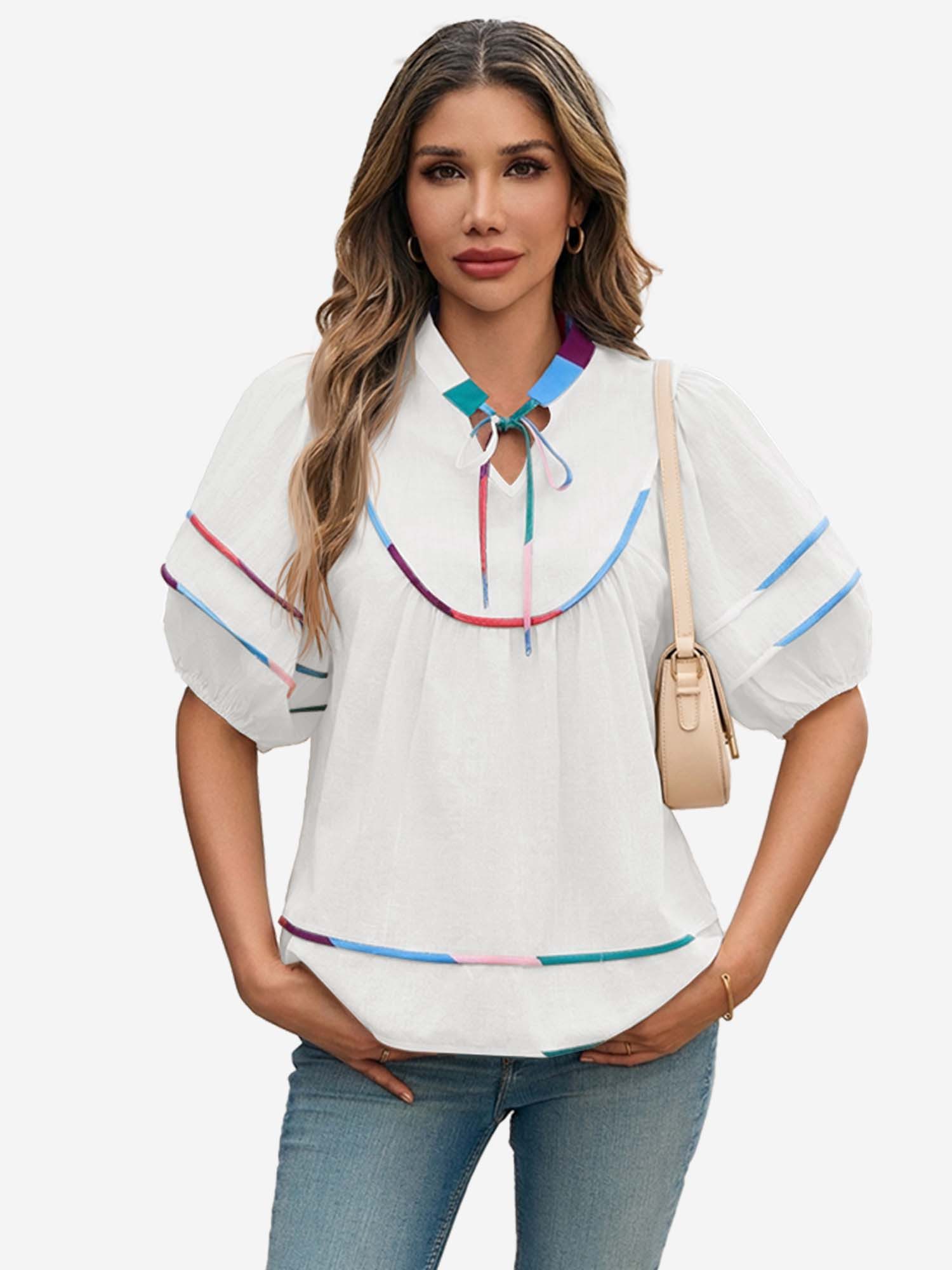 Imily Bela Blusentop Damen Bluse mit Puffärmeln und V-Ausschnitt (Packung, 1-tlg., 1per-Pack) mit Kordelzügen