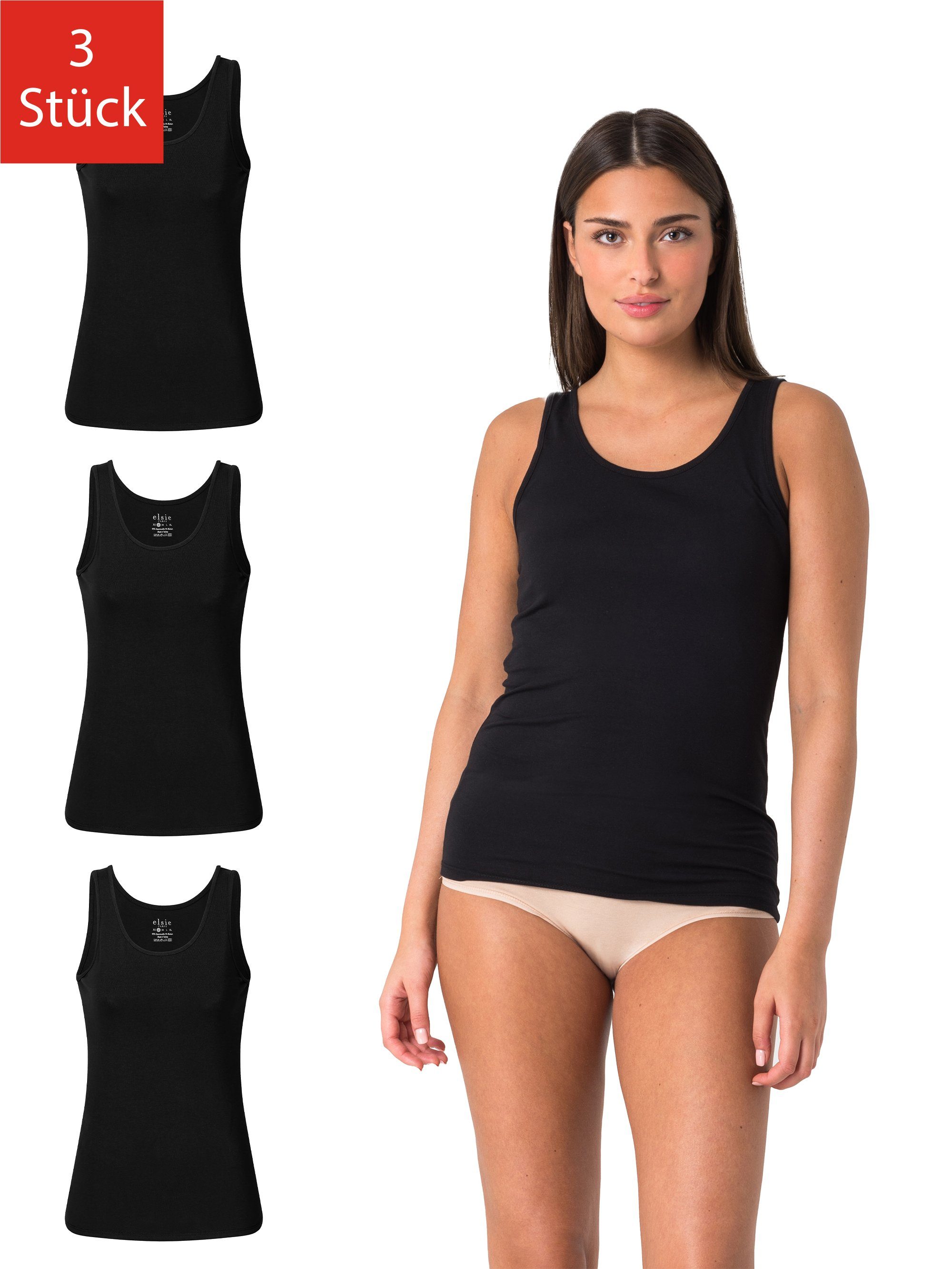 Elsie Unterhemd Tank Top - Tanktop aus 95% Baumwolle mit Stretch in Weiss und Schwarz (Packung, 3-St., 3er-Pack) Basic Top für Frauen extra lang Tops