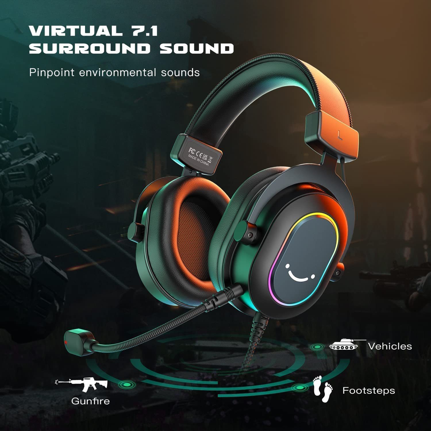 FIFINE Mikrofon Headset Gaming PC PS4 PS5 mit Mikrofon Over-Ear Kopfhörer mit Kabel, RGB-Design, 3 Sound-Modi, Surround-Sound und Ohrpolster