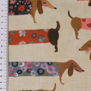 Stoff Dekostoff Halbpanama Baumwollstoff Dachshund Dackel beige bunt 1,40m